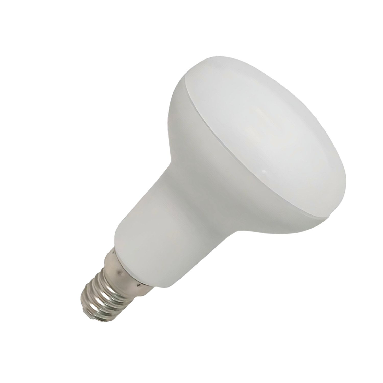 Una bombilla LED blanca con base E14, sobre fondo blanco.