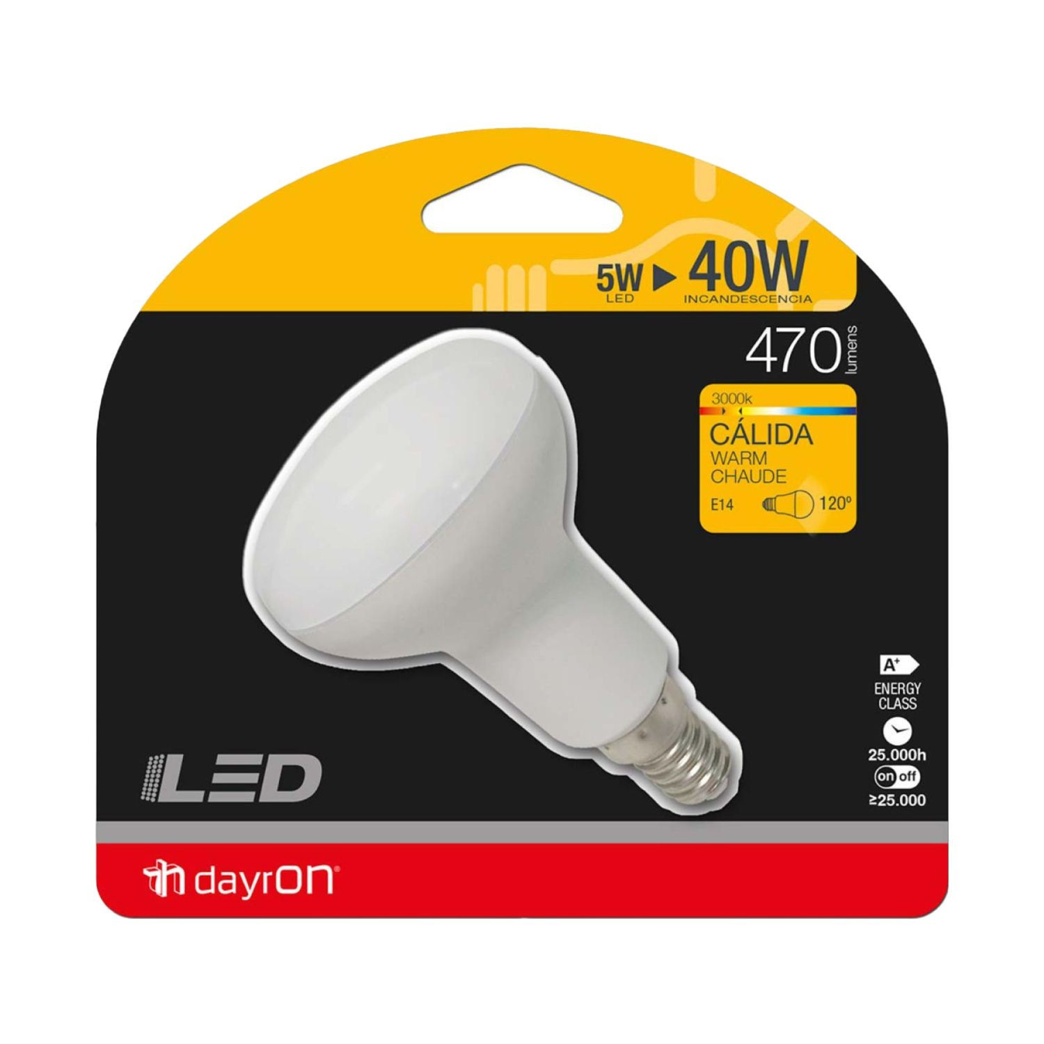 Embalaje de bombilla LED blanca, 5W, equivalente 40W, 470 lúmenes, 3000K.