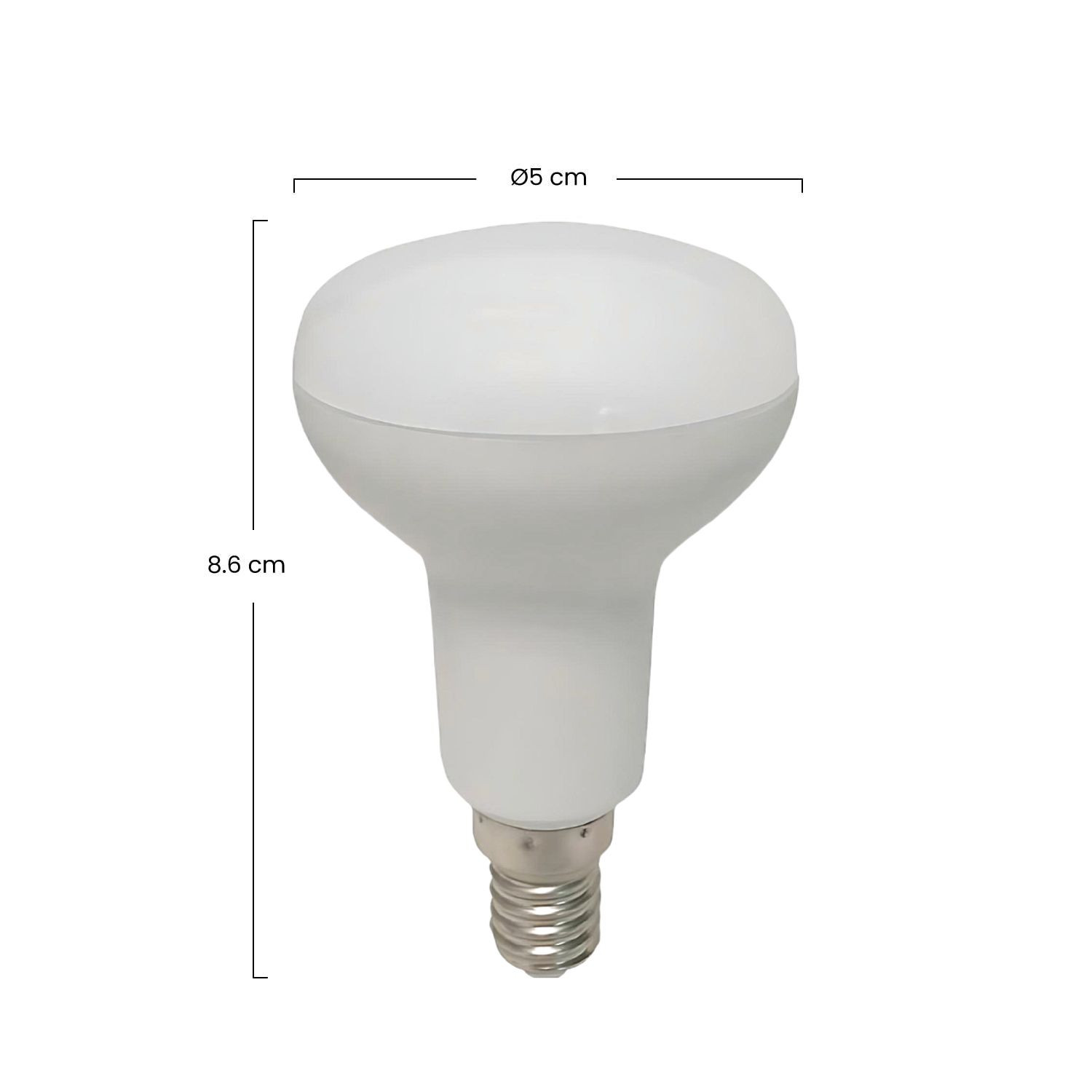 Una bombilla LED blanca de 8,6 cm de alto y 5 cm de diámetro.