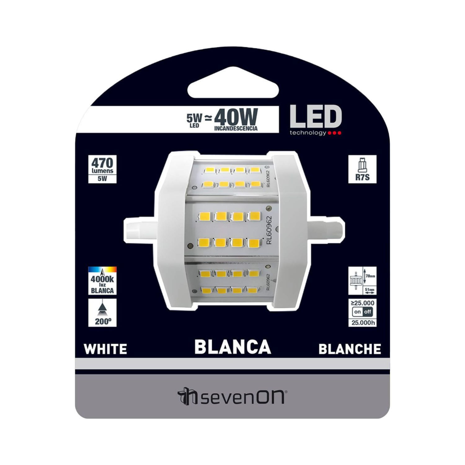 Lámpara LED R7S, 5W, 470 lúmenes, 4000K, luz blanca, 200 grados haz.