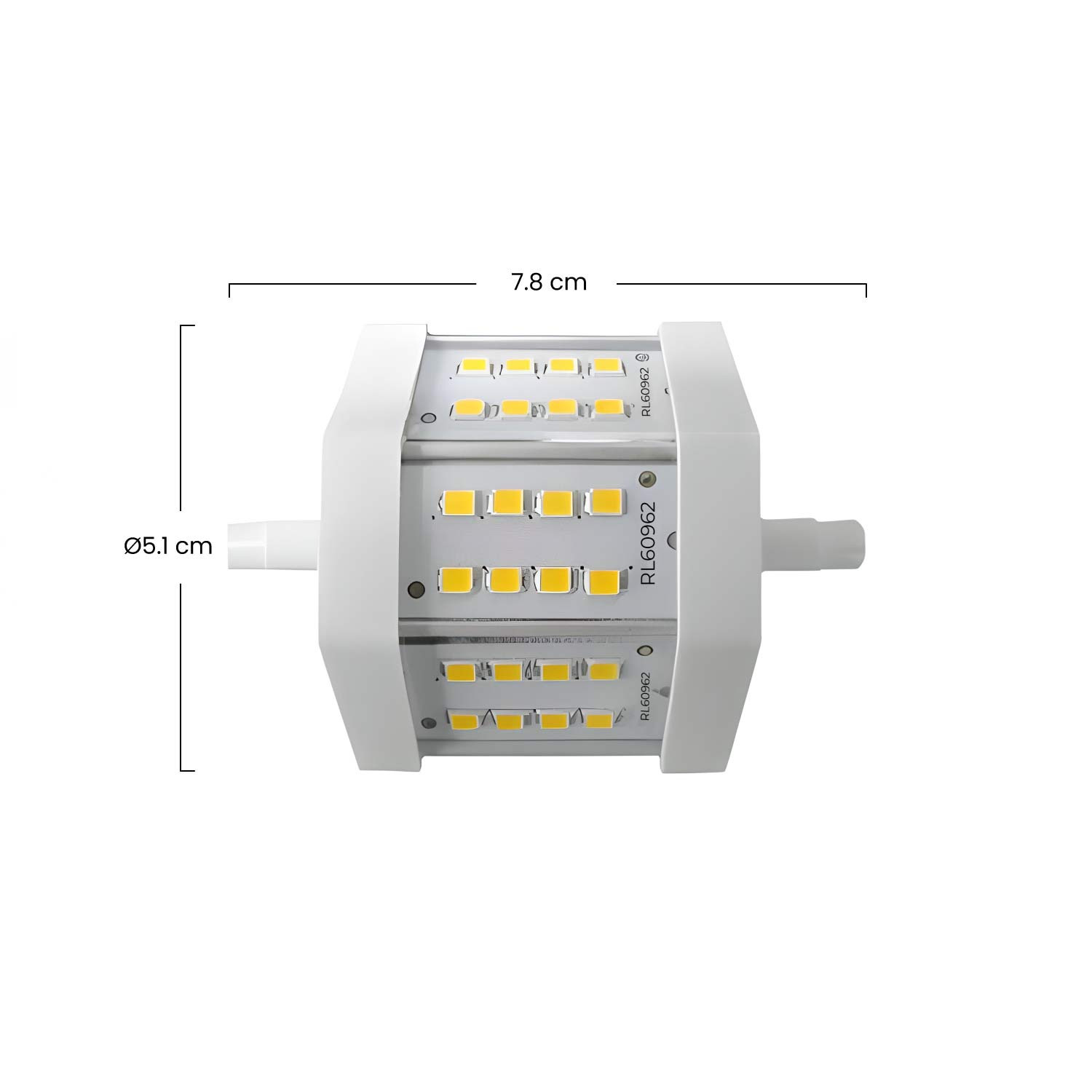 Bombilla LED blanca con luces LED amarillas visibles y dimensiones.