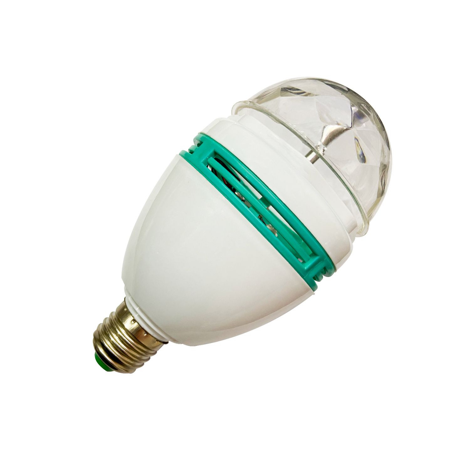 Una bombilla de discoteca blanca y verde con base metálica sobre fondo blanco.