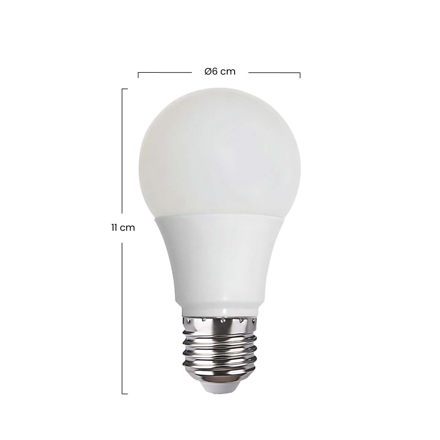 Una bombilla LED blanca con base E27, 6cm de diámetro, 11cm de alto.
