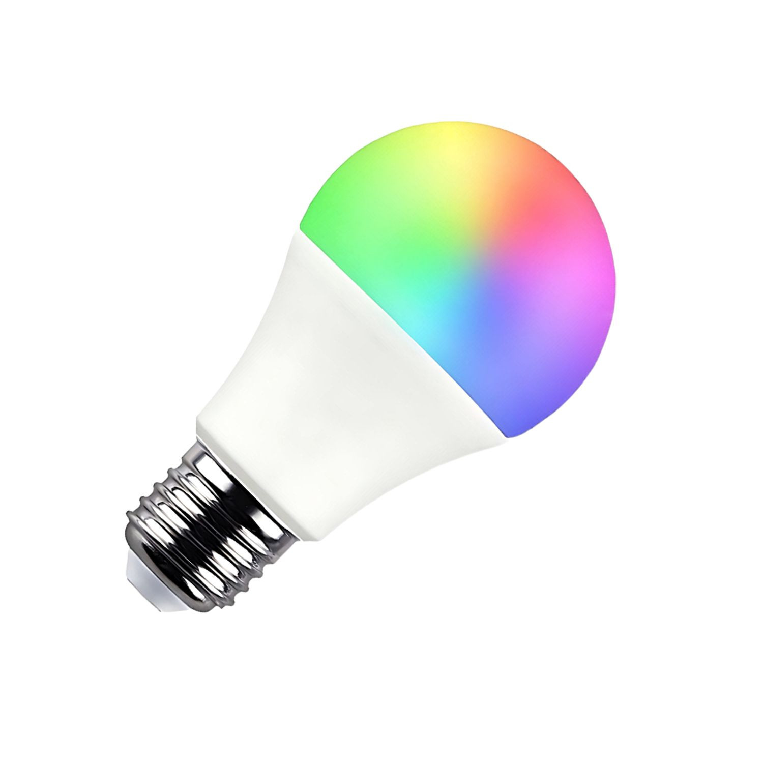 Una bombilla que muestra colores del arcoíris sobre fondo blanco.