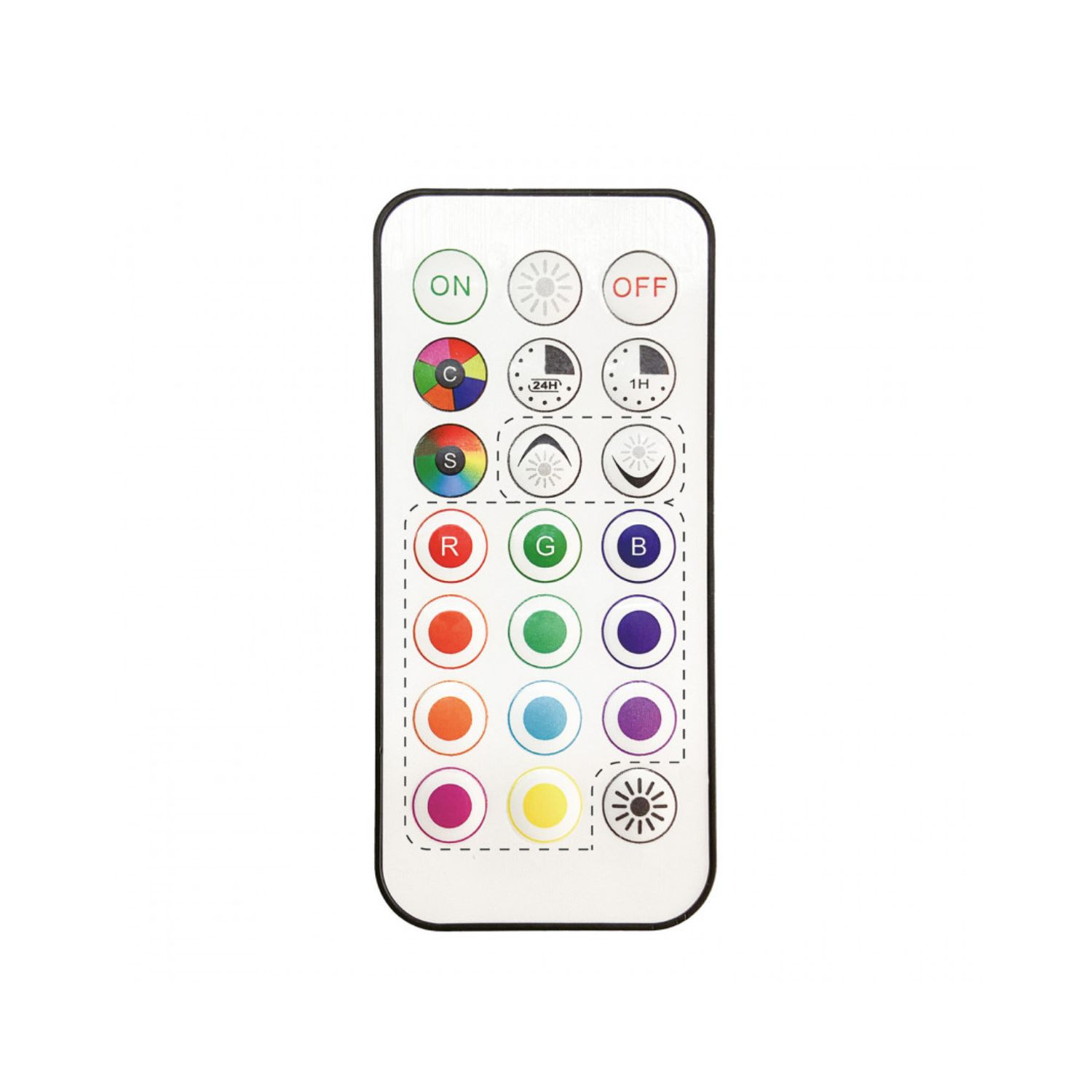 Un control remoto con botones de colores para efectos de luz.