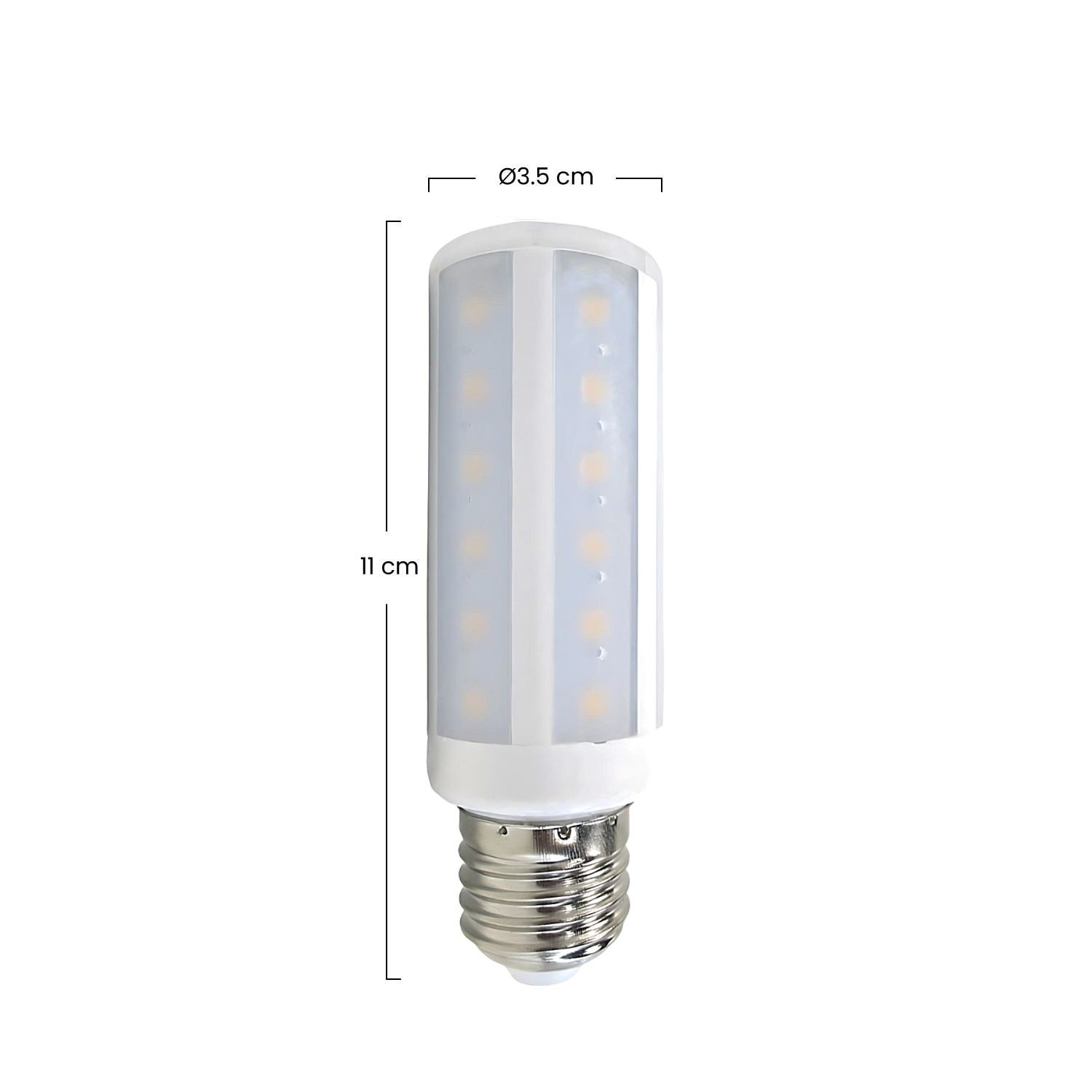 Bombilla LED blanca con base plateada, mide 11 cm de alto y 3,5 cm de ancho.