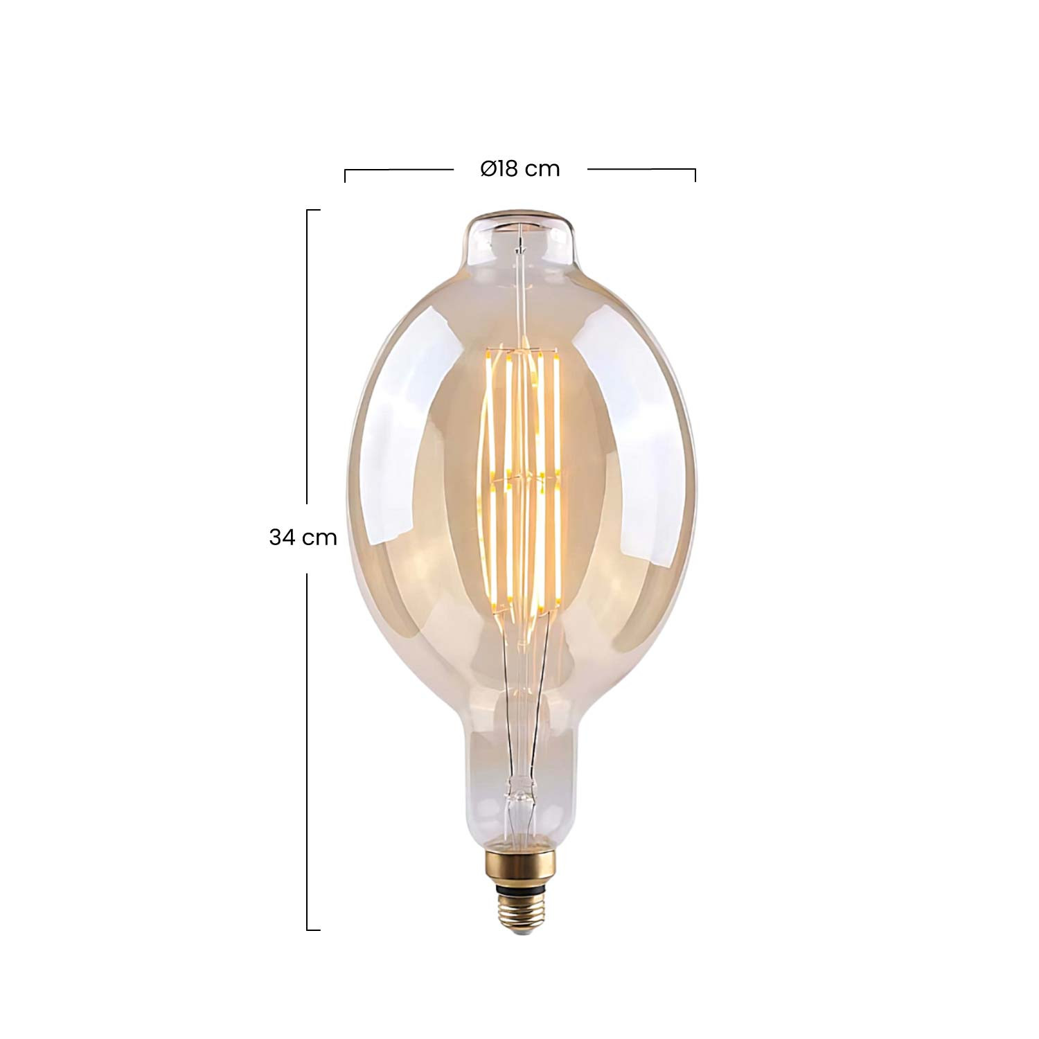 Bombilla Edison grande, 34 cm de alto, 18 cm de ancho, con filamento visible.