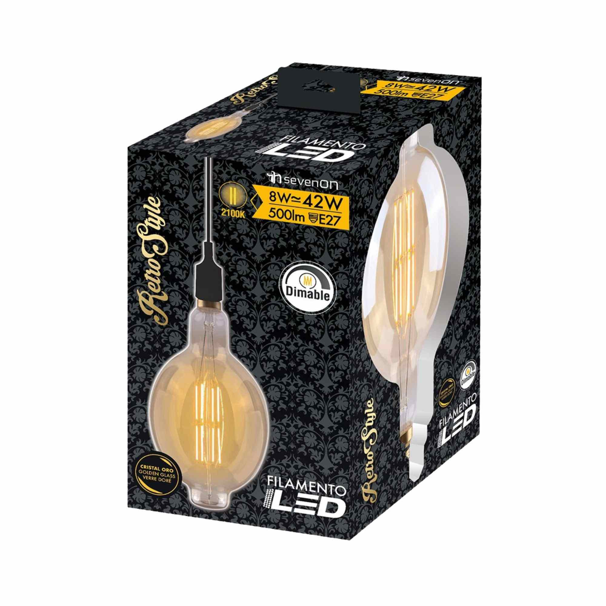 Embalaje de bombilla LED regulable con diseño retro y cristal dorado.
