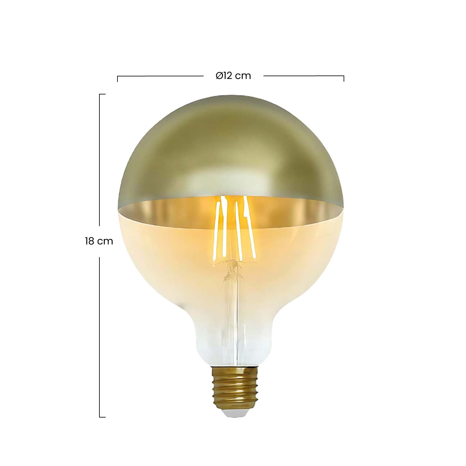 Bombilla dorada, 18 cm alto, 12 cm diámetro, con filamento LED.