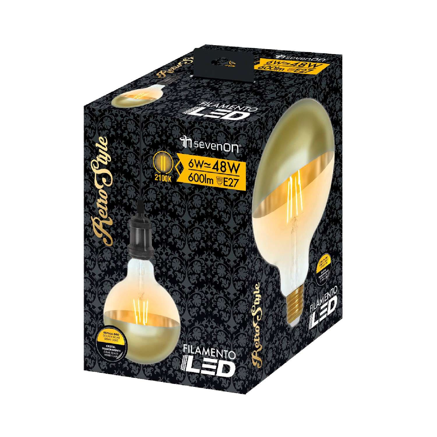 Embalaje de bombilla LED estilo retro, 6W, 600lm, E27, con cúpula dorada.