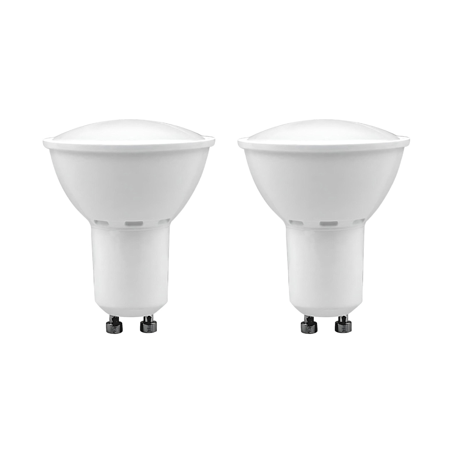 Dos bombillas LED blancas con base GU10 están una al lado de la otra.