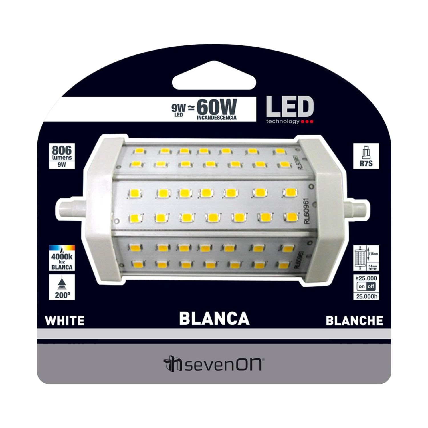 Lámpara LED R7S, 9W, 806 lúmenes, 4000K, blanca, ángulo 200 grados.