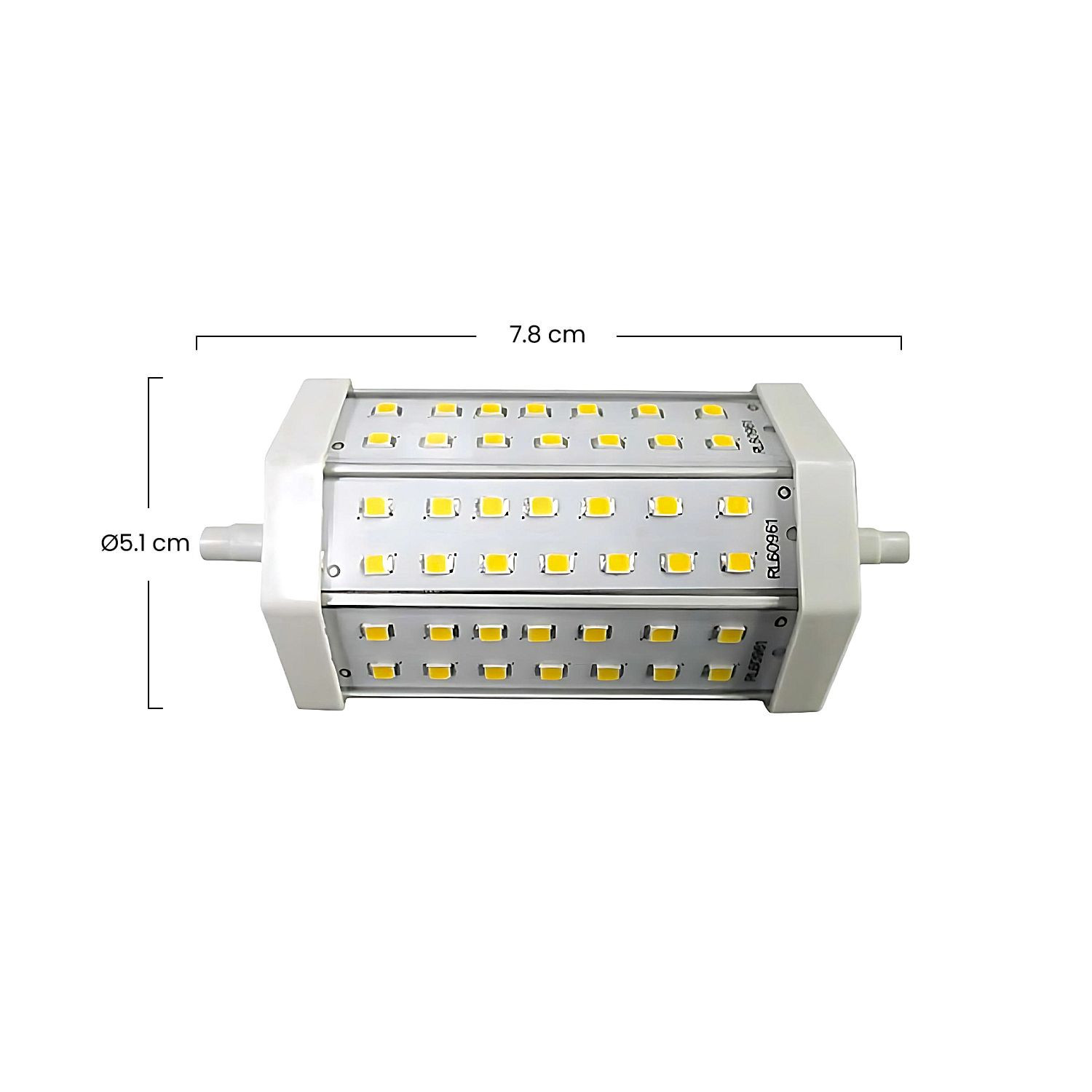 Una bombilla LED blanca de 7,8 cm de largo y 5,1 cm de diámetro.