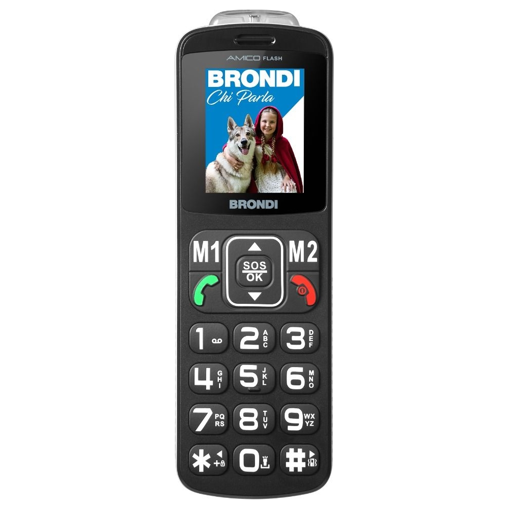 Telefono cellulare Brondi Amico Flash nero con immagine di giovane donna e lupo.