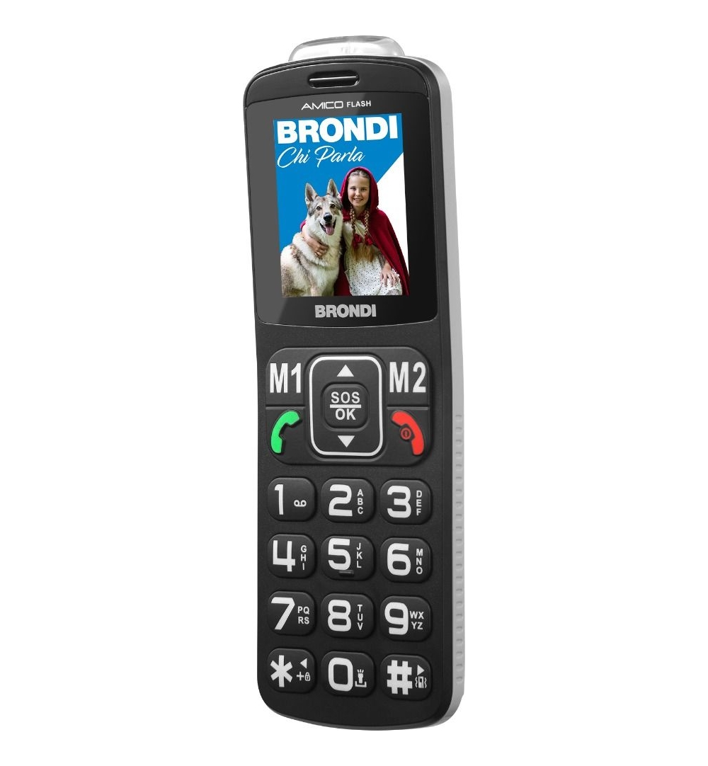 Un cellulare Brondi con l'immagine di Cappuccetto Rosso e il lupo sullo schermo.
