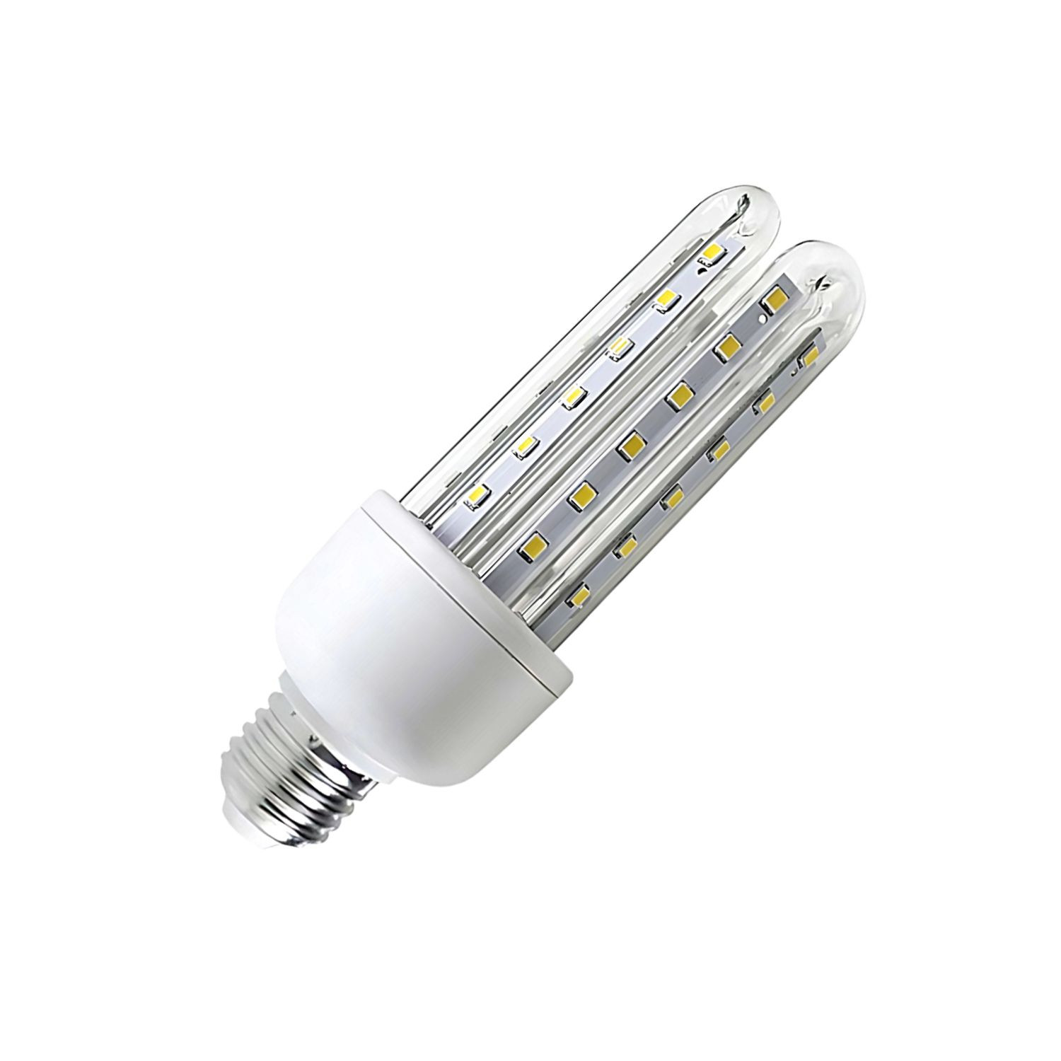 Una bombilla LED blanca tipo mazorca con dos tubos y base de rosca.