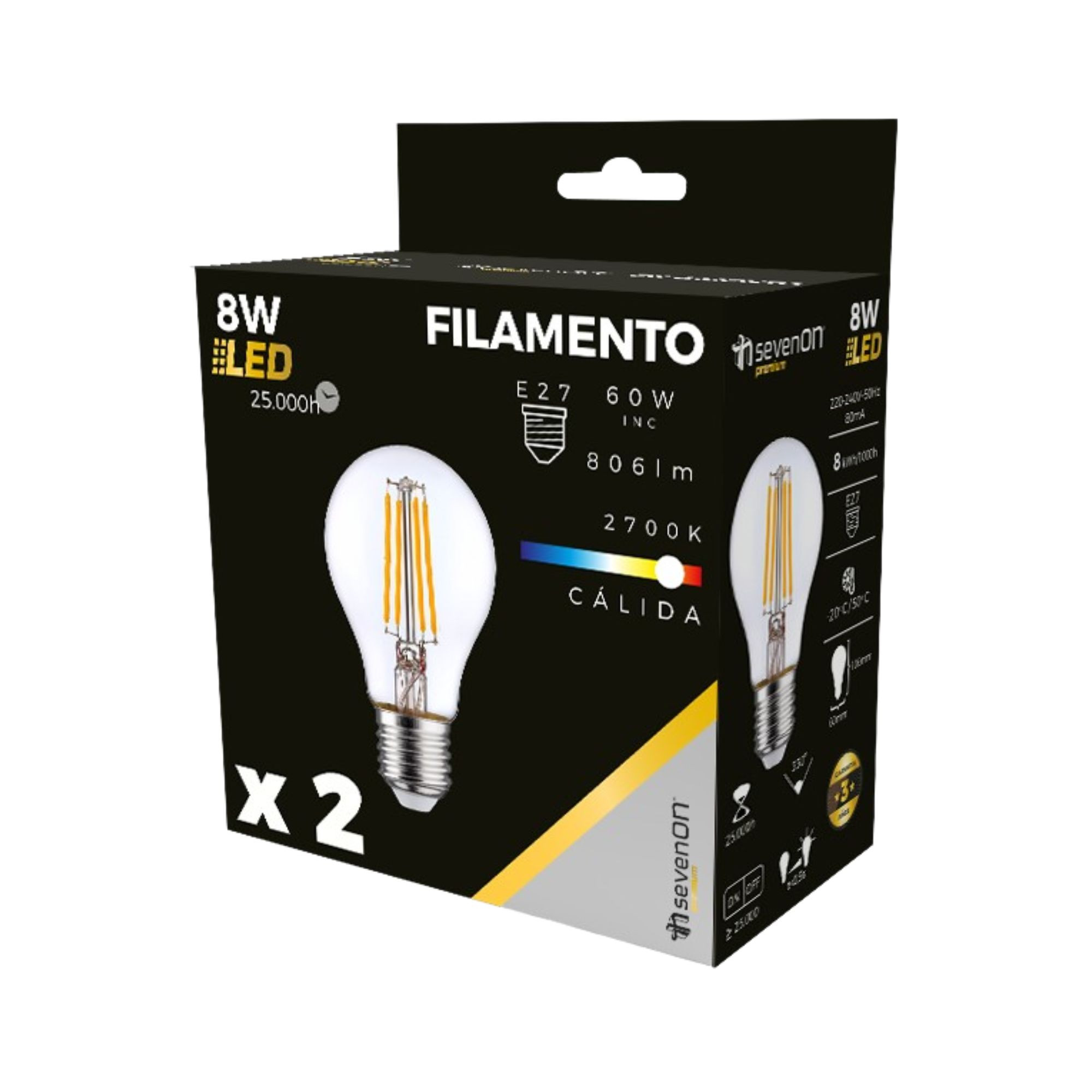 Caja de dos bombillas LED filamento 8W, E27, 2700K blanco cálido.