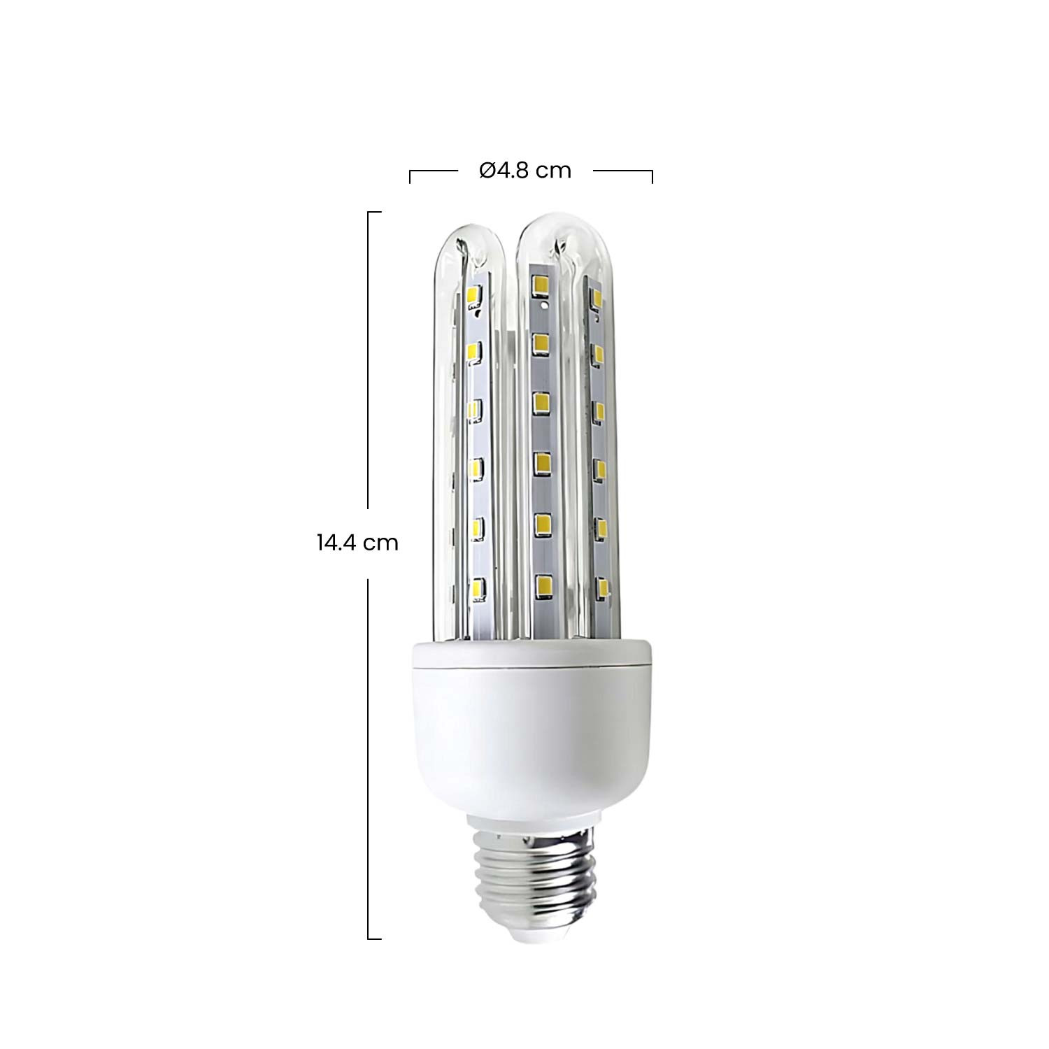 Una bombilla LED blanca con dos tubos y luces LED visibles.
