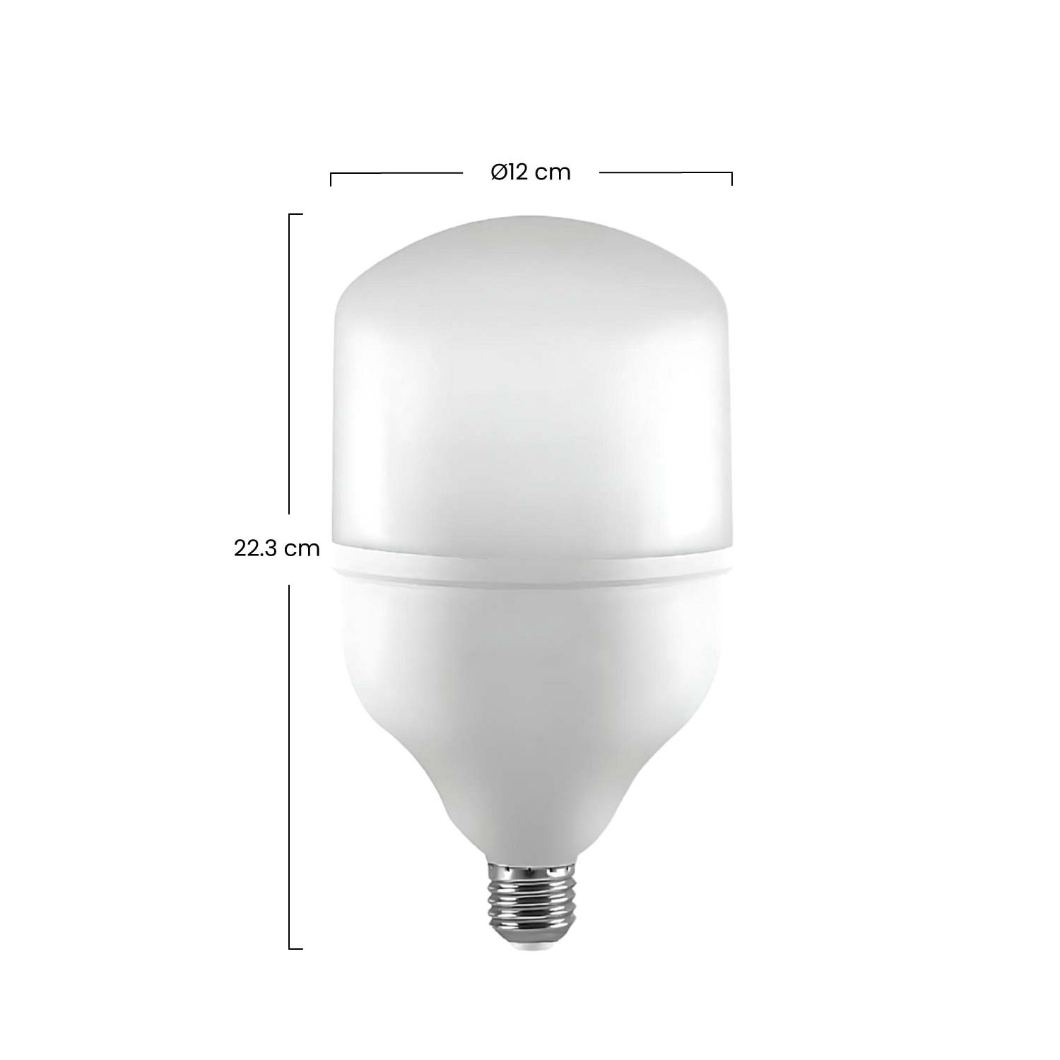 Una bombilla blanca de 12 cm de diámetro y 22,3 cm de altura.