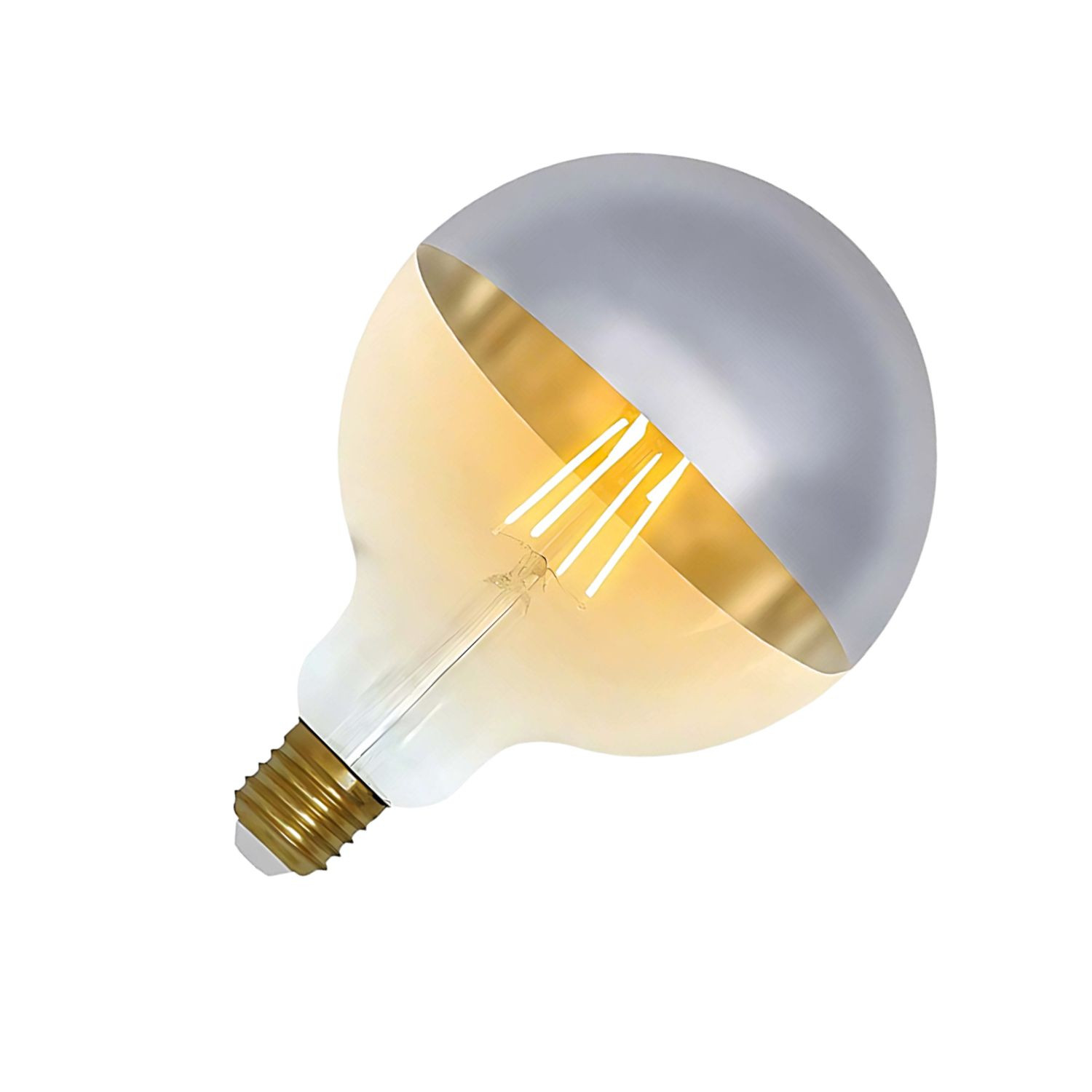 Bombilla Edison con tapa plateada y filamentos incandescentes.