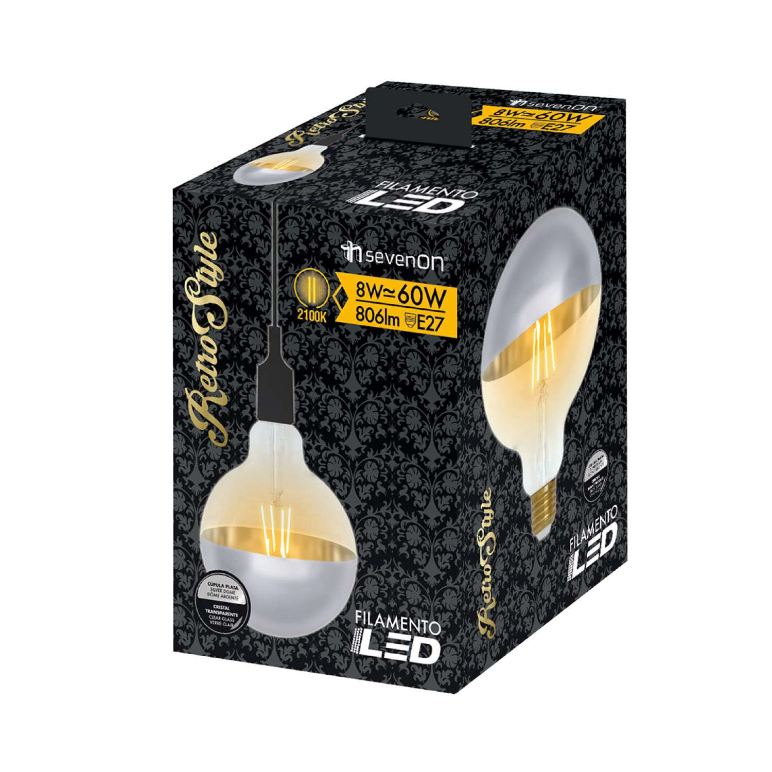 Caja de bombilla LED retro con cúpula plateada y patrón negro. 8W=60W.