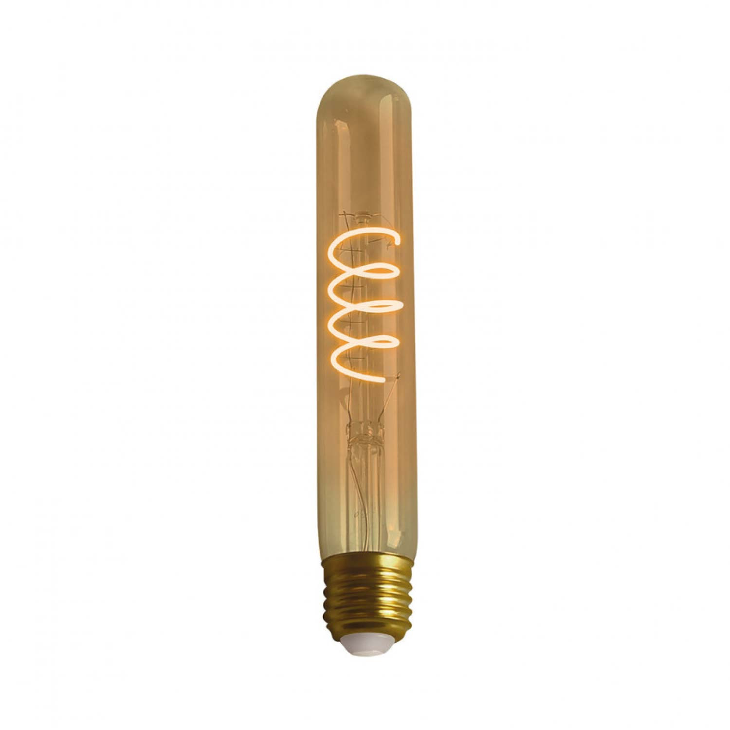 Una bombilla cilíndrica con base dorada y filamento brillante.