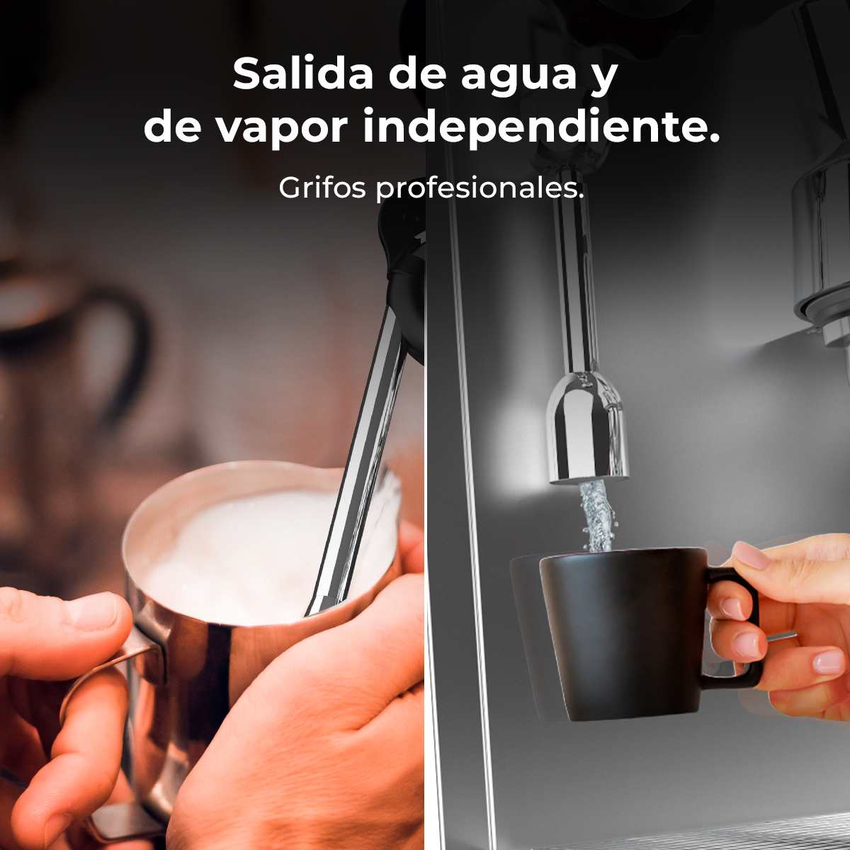 Máquina de café con dispensadores de vapor y agua. Espumando leche y sirviendo agua en una taza.