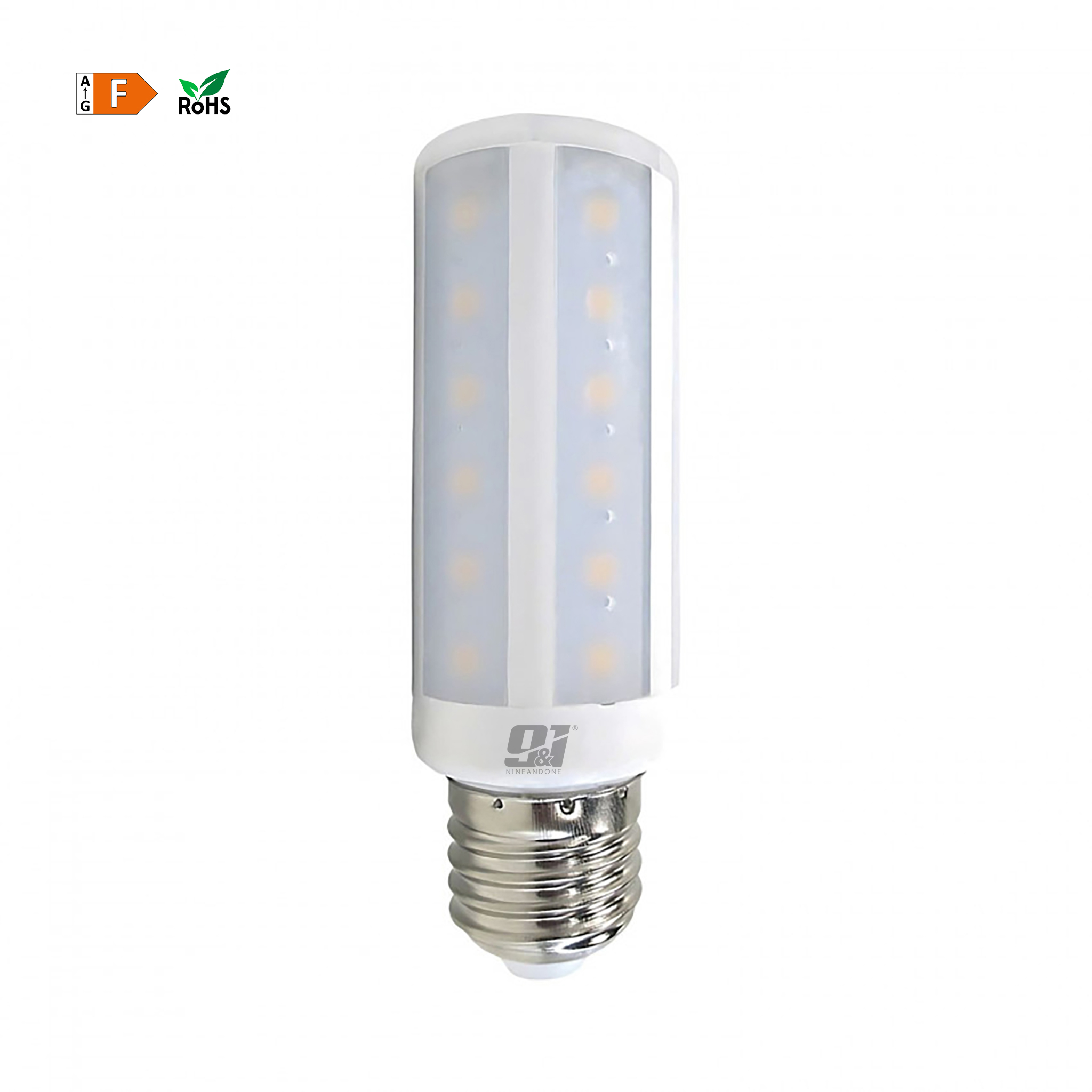 Una bombilla LED blanca con base E27 y clase de eficiencia energética F.