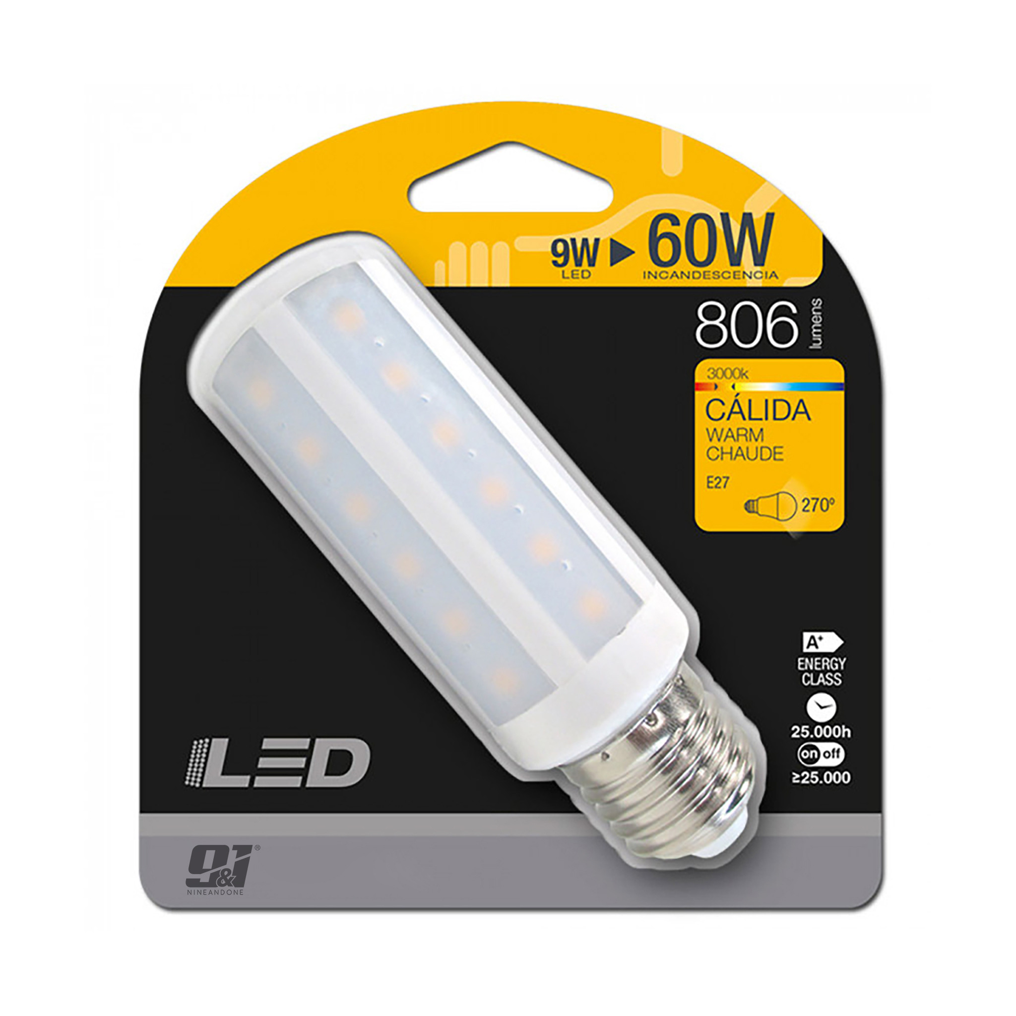 Bombilla LED en embalaje, 9W equivale a 60W, 806 lúmenes, 3000K, casquillo E27.