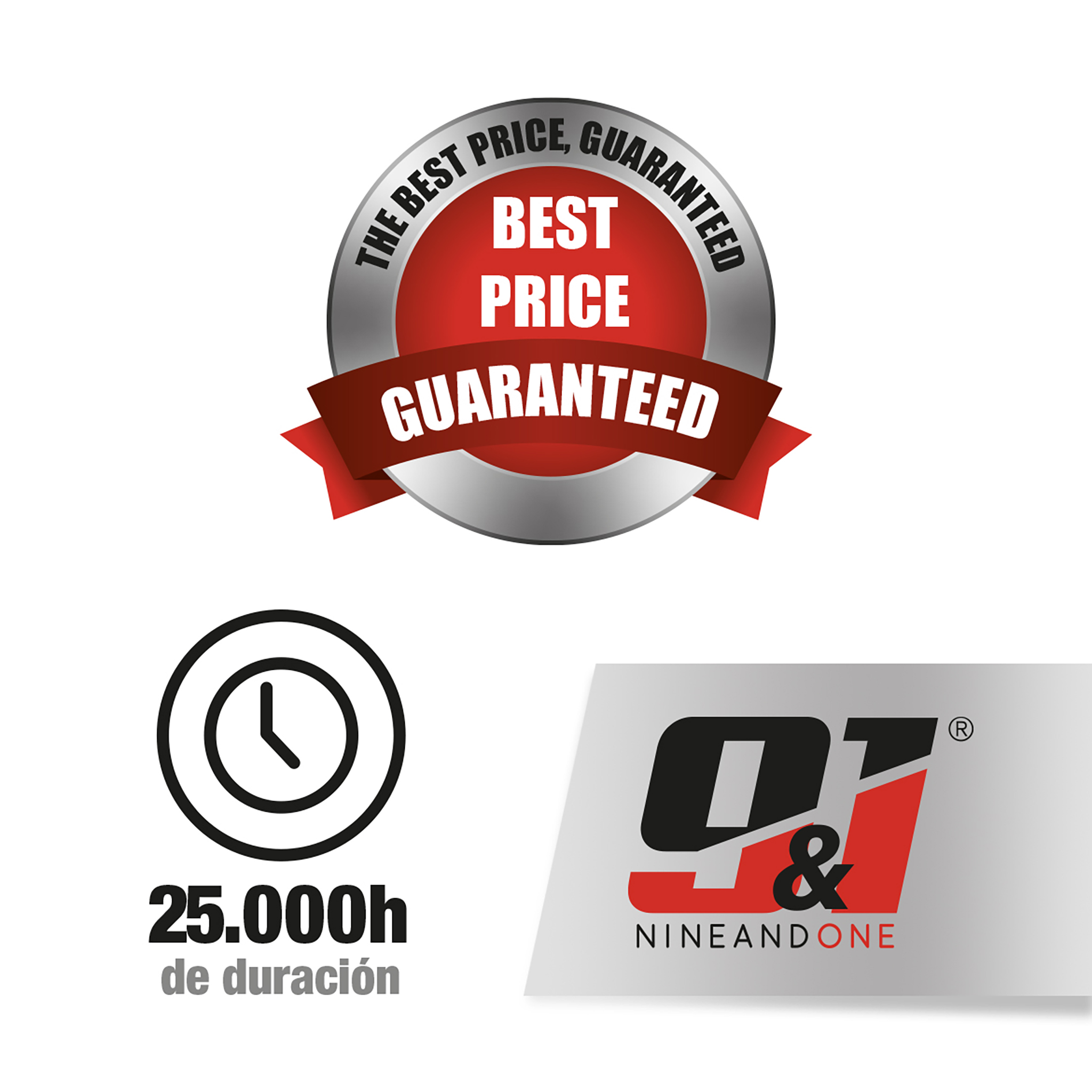 Sello "Best Price Guaranteed", icono reloj, 25.000h y logo.