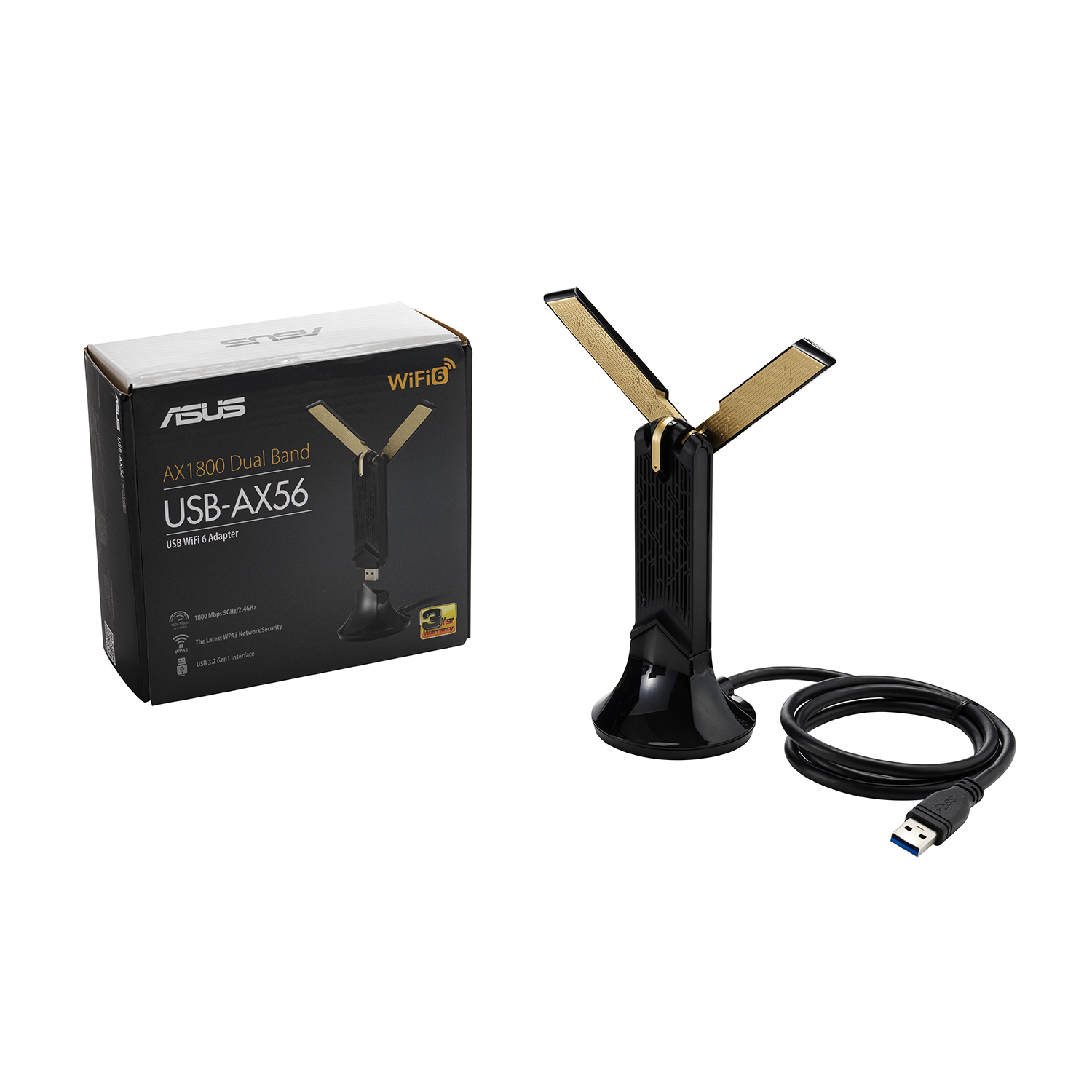 Adaptador y caja ASUS WiFi 6. Negro con antenas doradas.