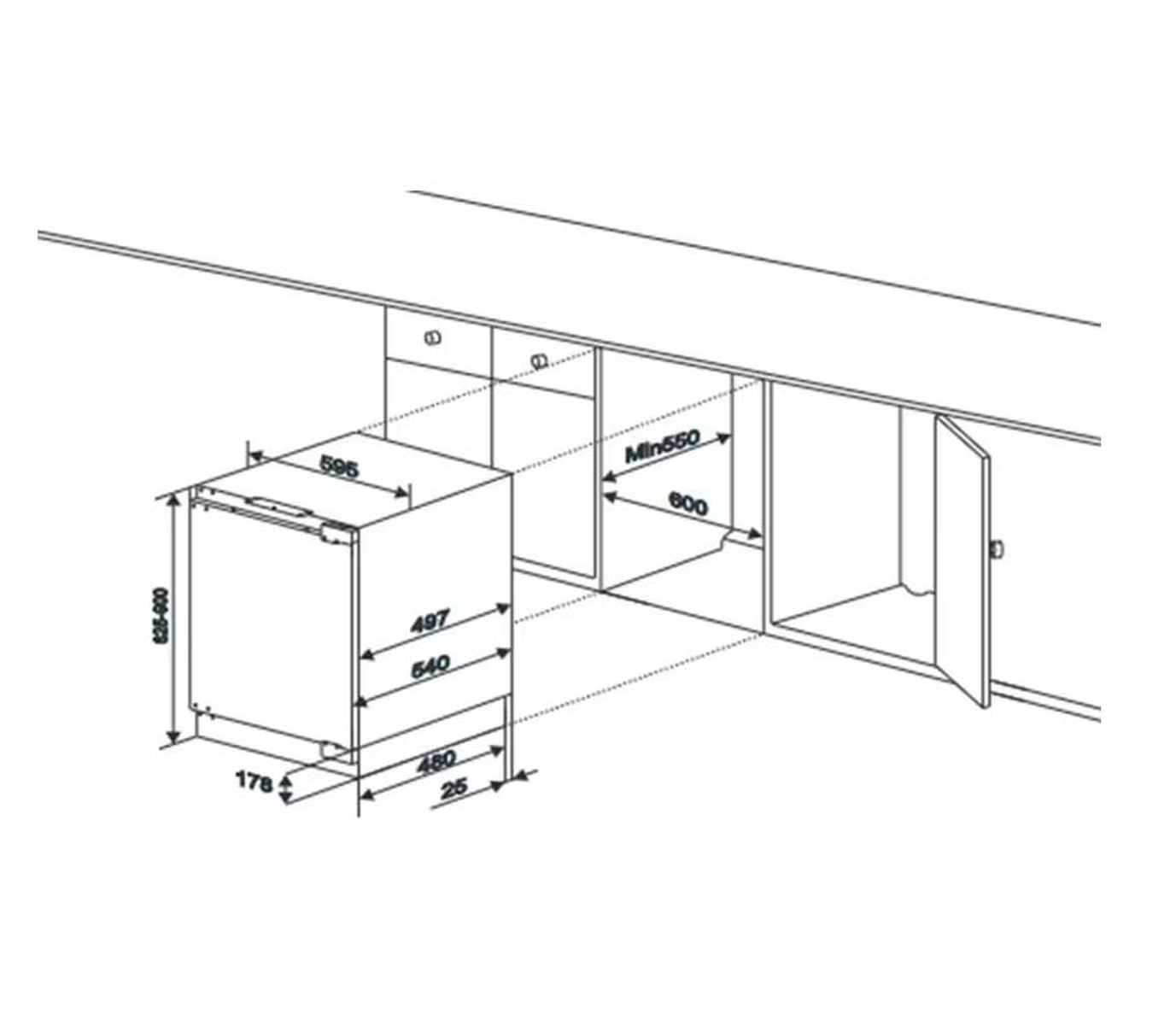 Disegno tecnico di una lavastoviglie con dimensioni e dettagli di installazione.