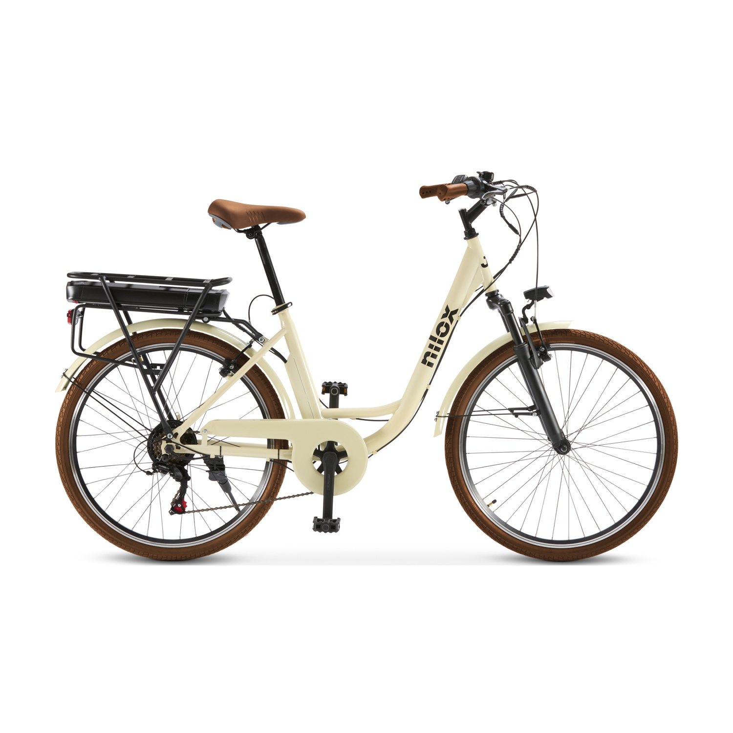 Kremowy rower damski z brązowym siodełkiem i uchwytami, bagażnikiem, koszem i brązowymi oponami.
