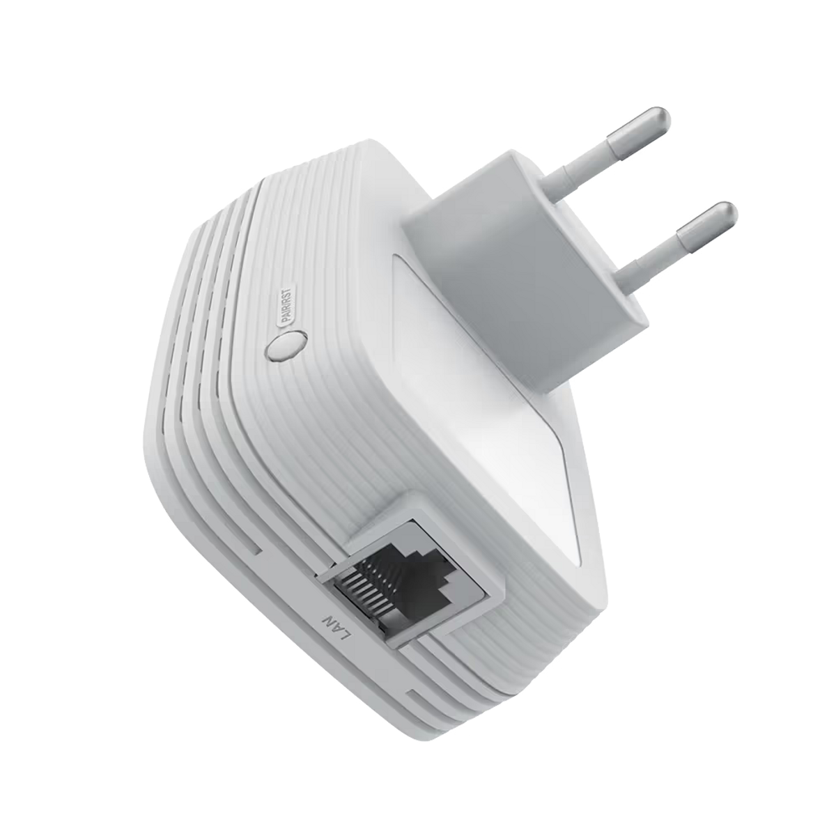Extensor WiFi blanco con puerto LAN y enchufe UE, vista cercana.