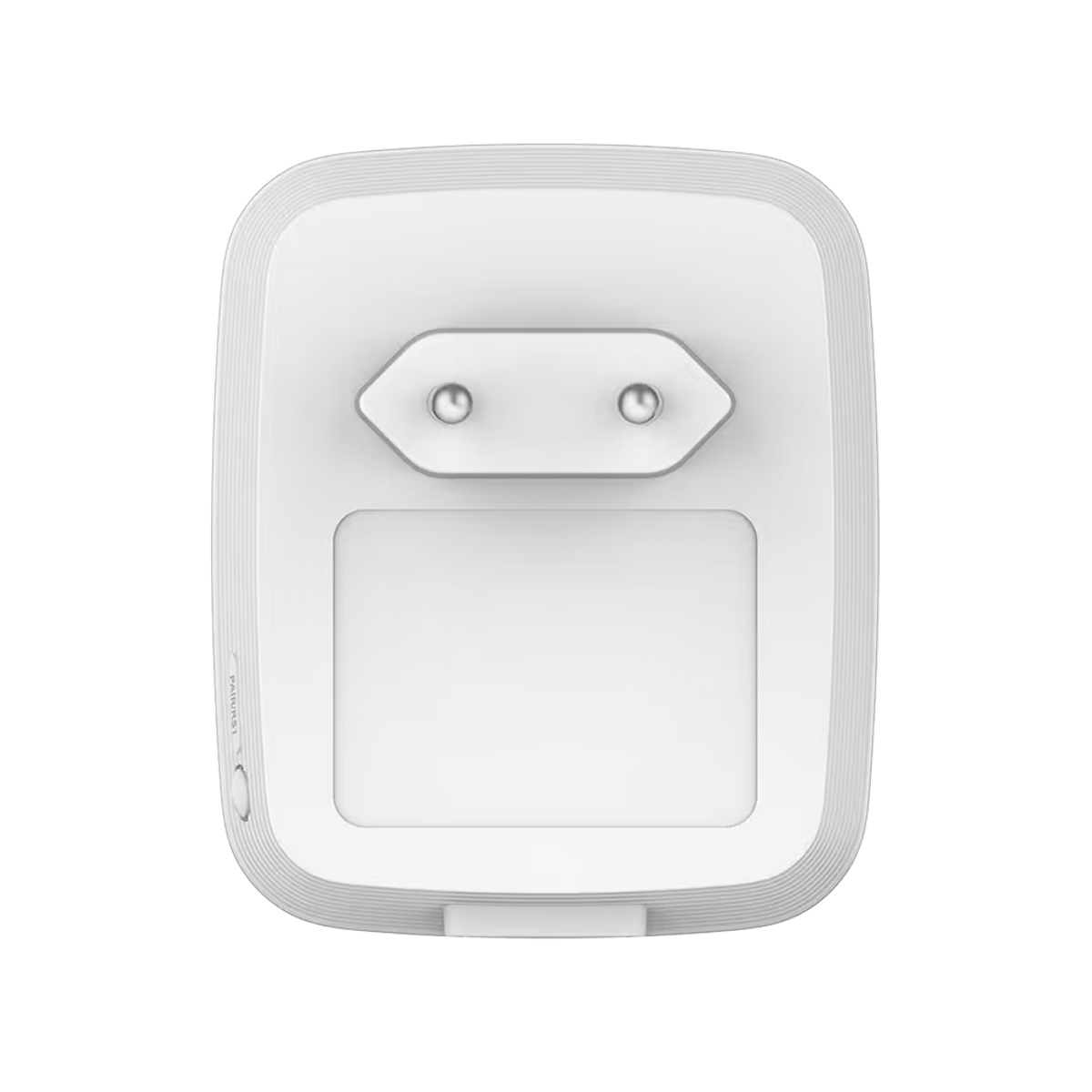 Un dispositivo blanco con dos clavijas y una pantalla rectangular.