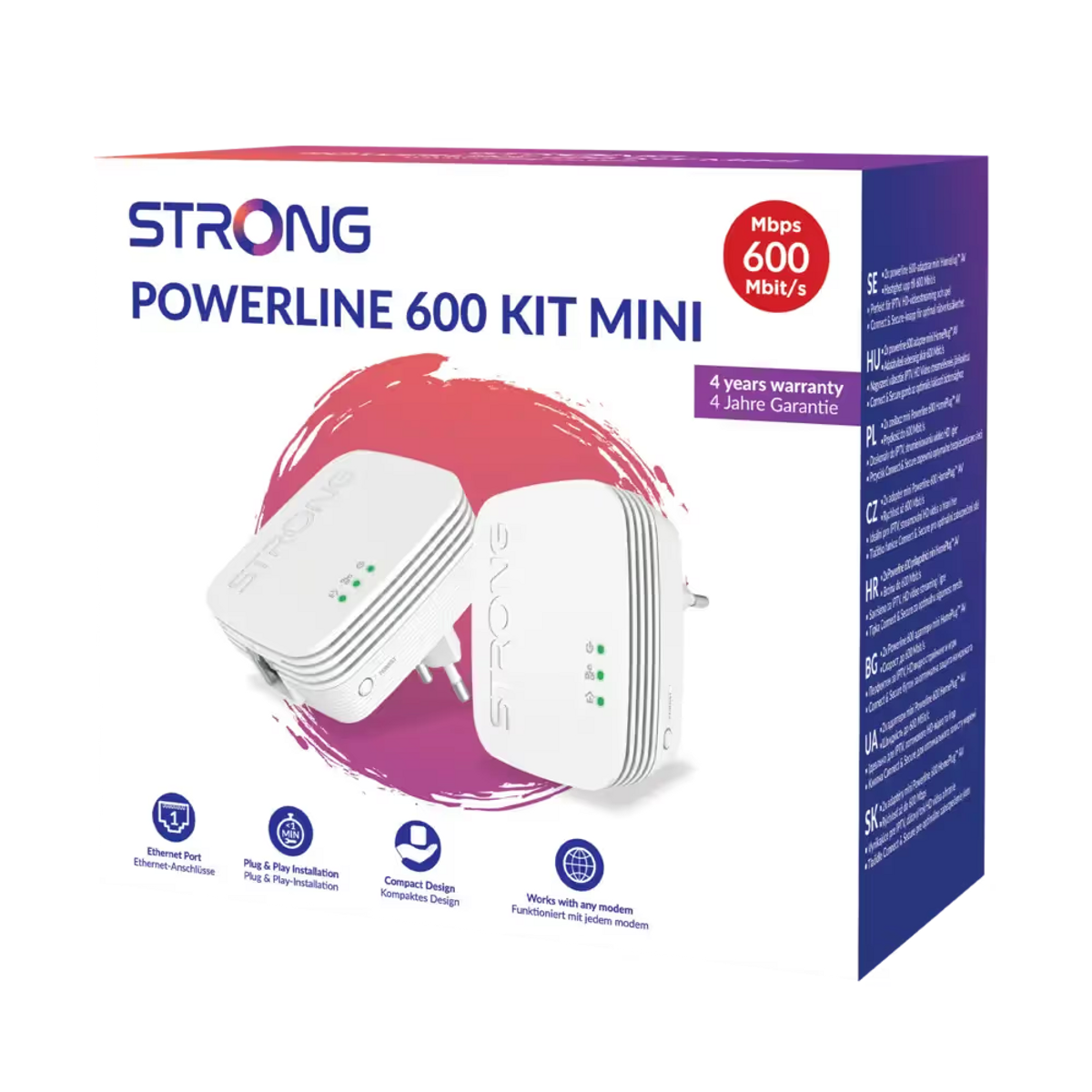 Embalaje del STRONG Powerline 600 Kit Mini con dos adaptadores blancos en primer plano.