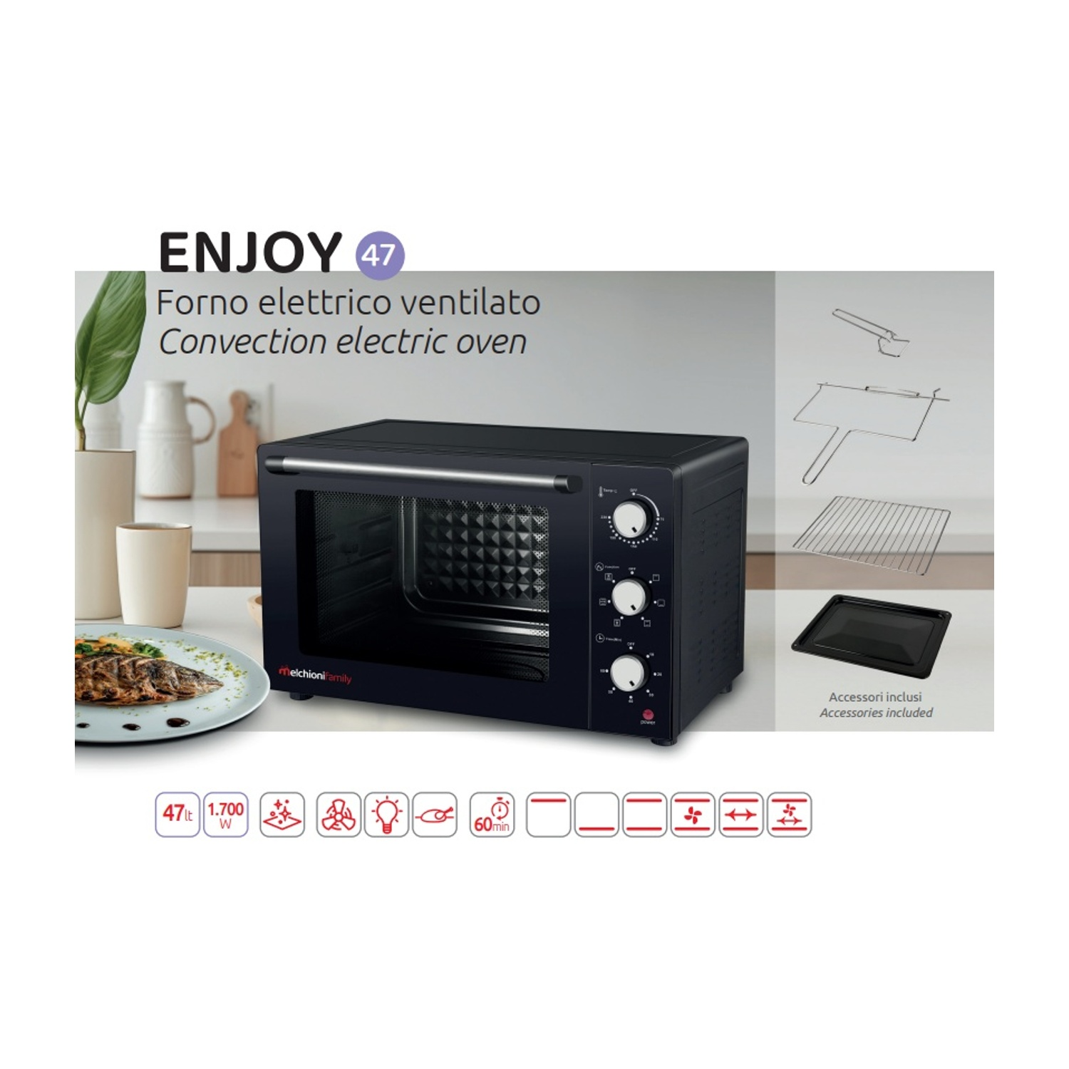 Un horno de convección negro con accesorios, al lado un plato con comida.