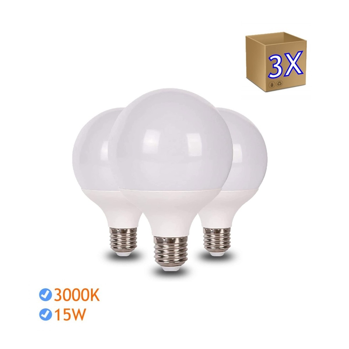 Tre lampadine LED bianche, 3000K, 15W, accanto a una scatola con etichetta 3X.
