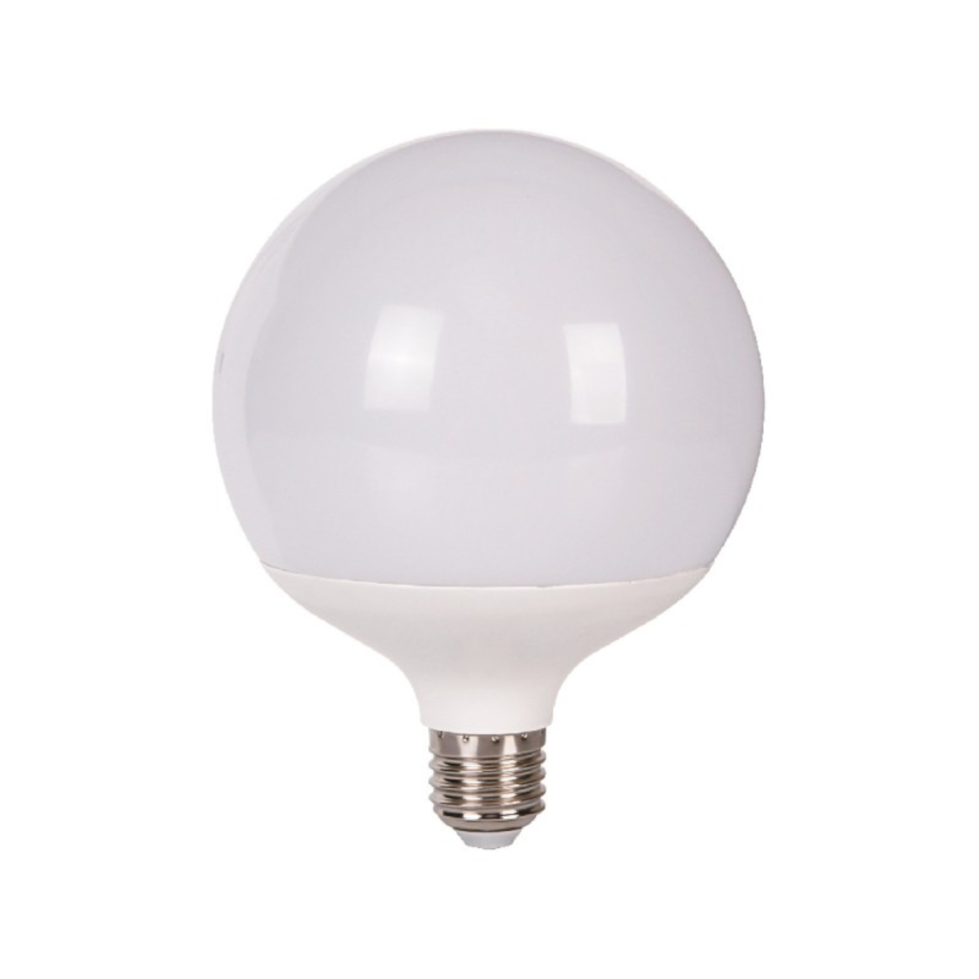 Una lampadina LED bianca con vetro sferico e base metallica.