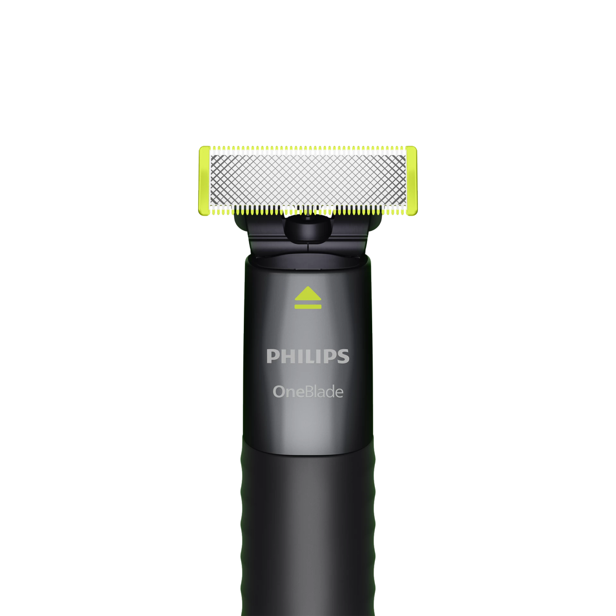Ein Philips OneBlade Trimmer mit silberner Klinge und grünem Rand.