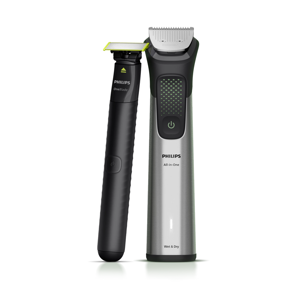 Zwei Philips-Trimmer: ein schwarzer OneBlade und ein silberner All-in-One.