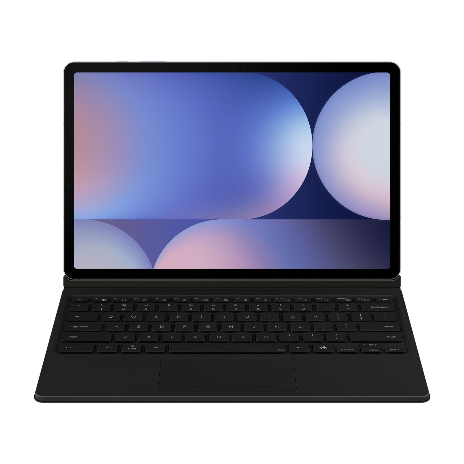 Une tablette noire avec clavier attaché, présentée sur fond blanc.