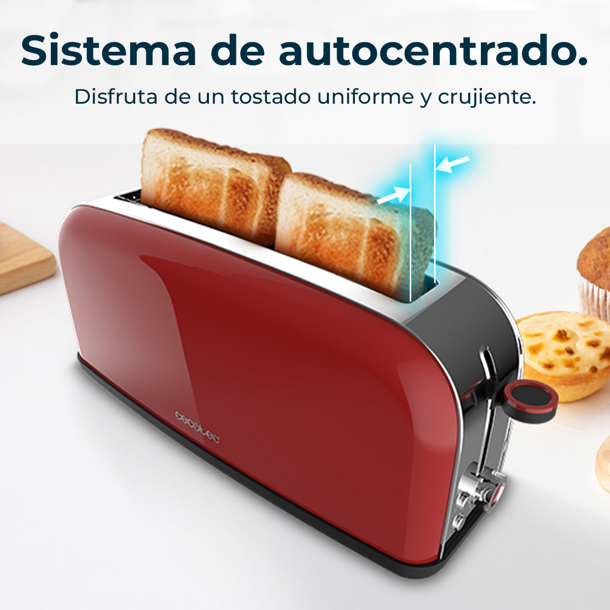 Un tostapane rosso con due fette di pane tostato che emergono.