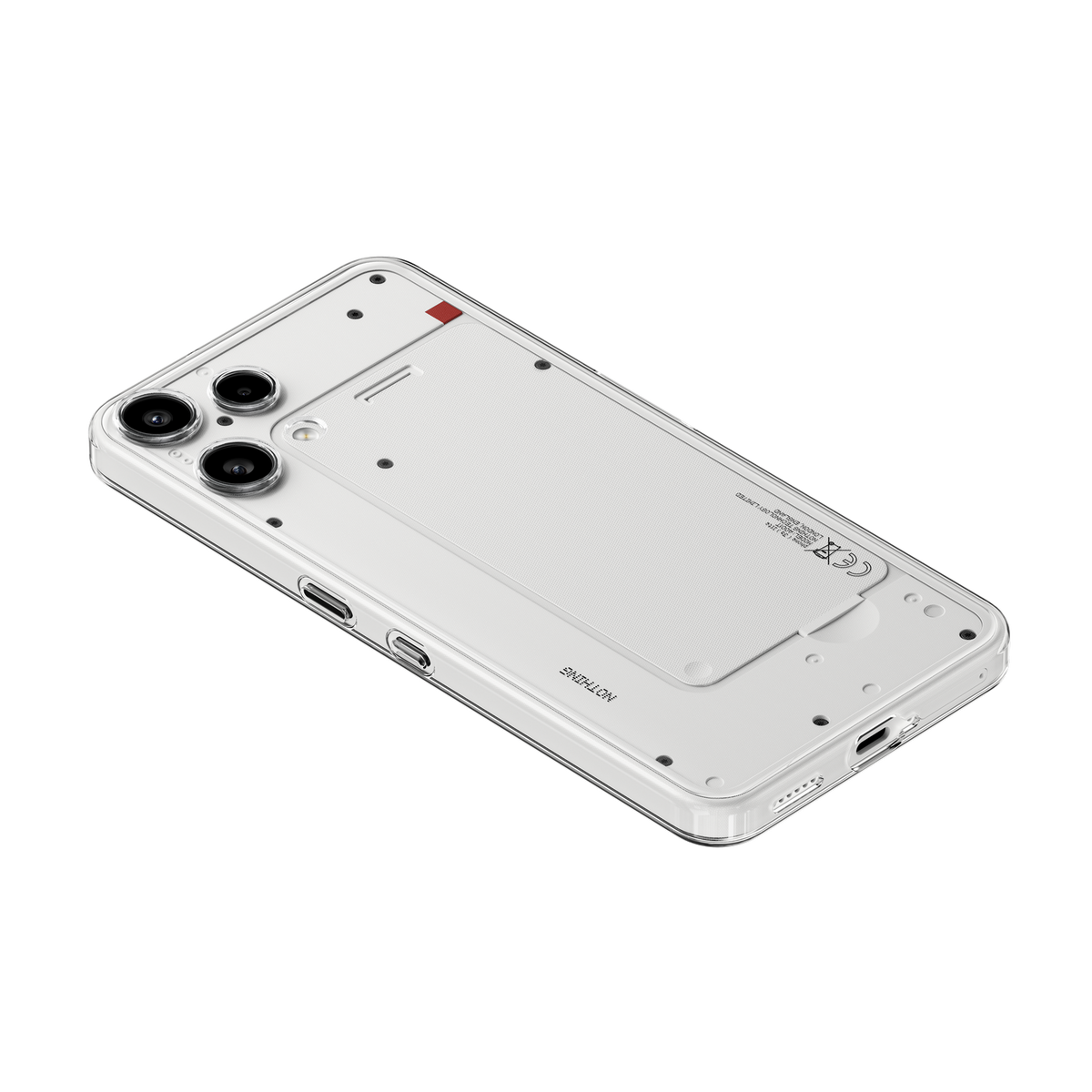 Ein weißes Smartphone mit transparentem Gehäuse, zwei Kameras und sichtbaren inneren Komponenten.