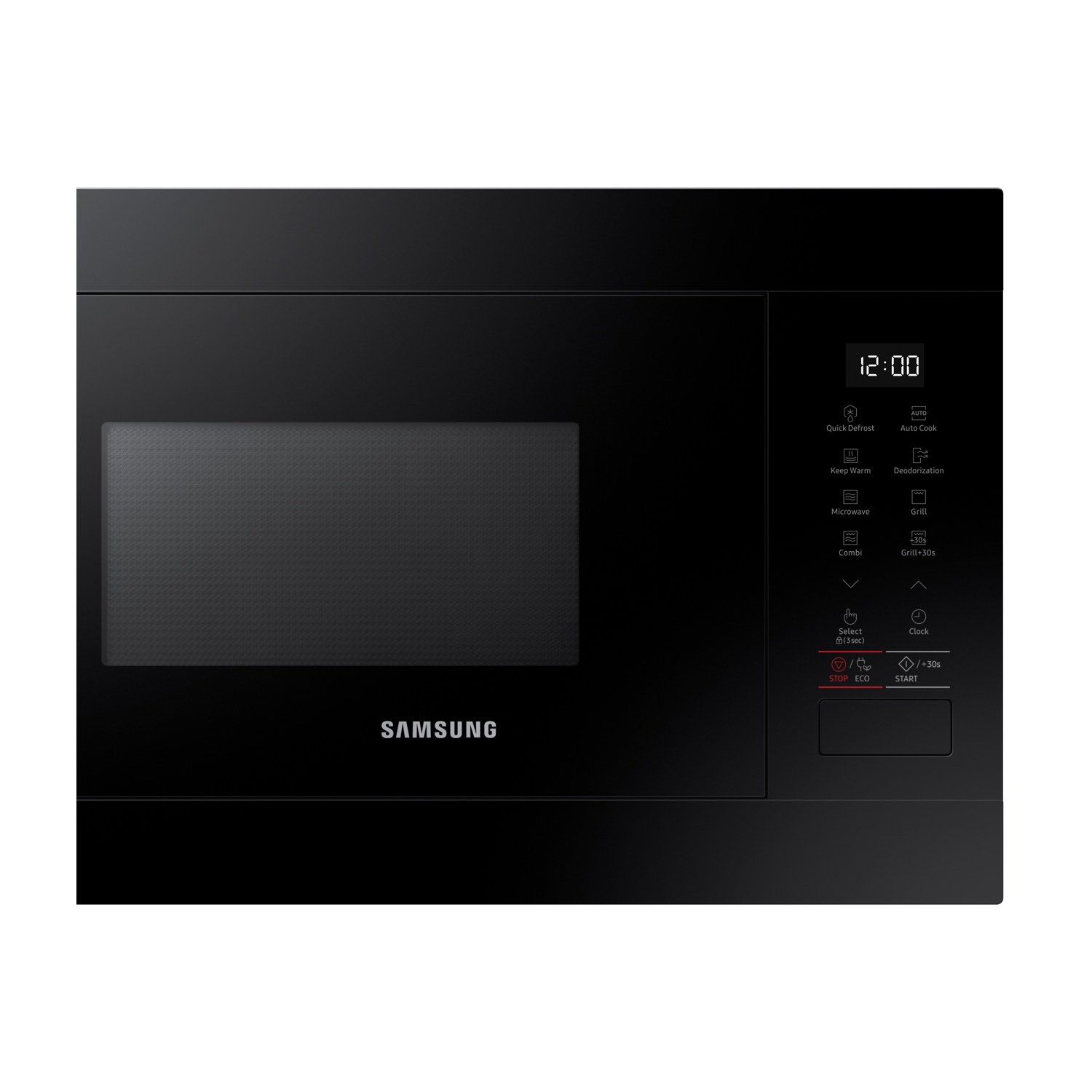 Forno a microonde nero con display digitale e controlli touch, logo Samsung.