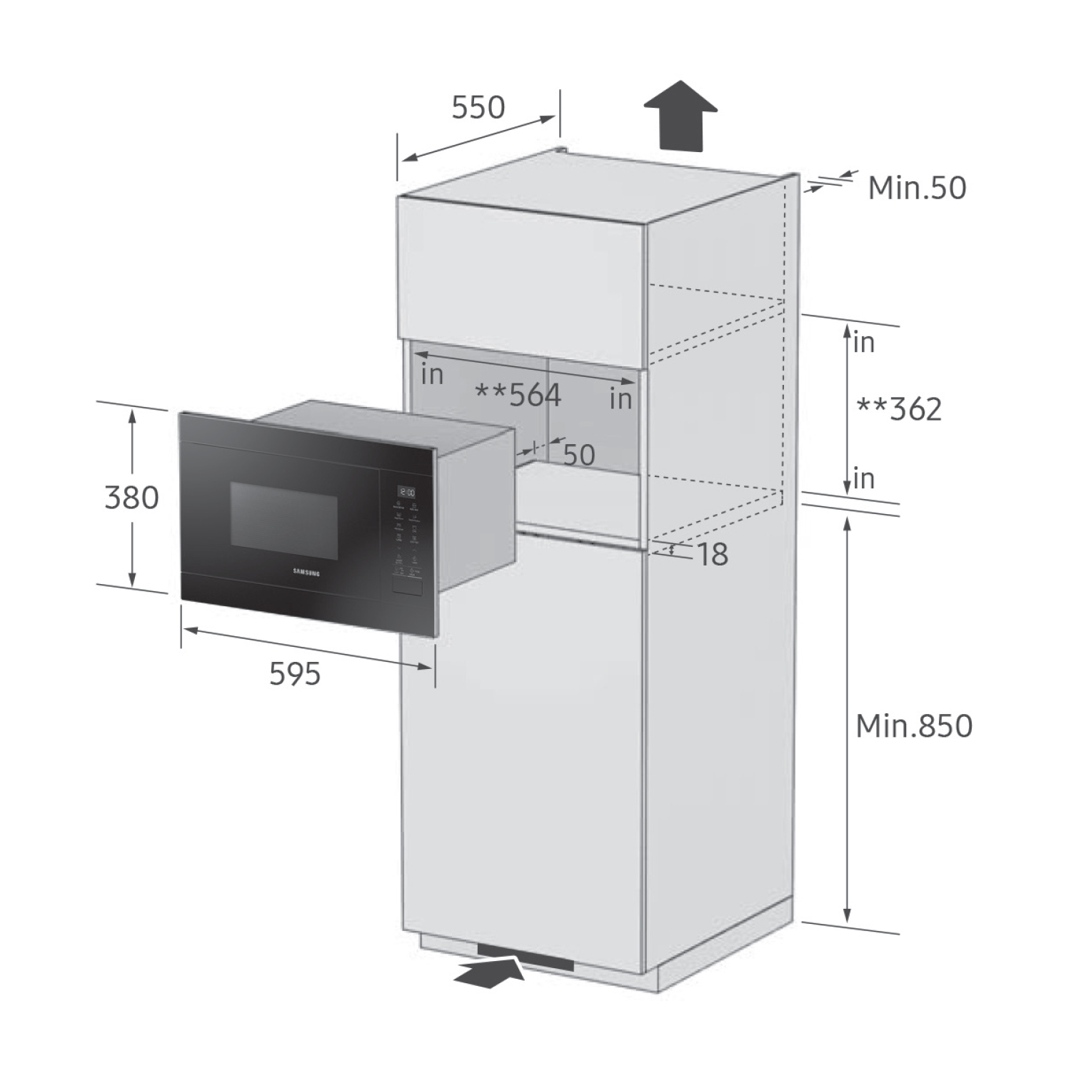 Disegno tecnico di un microonde da incasso con dimensioni e misure.