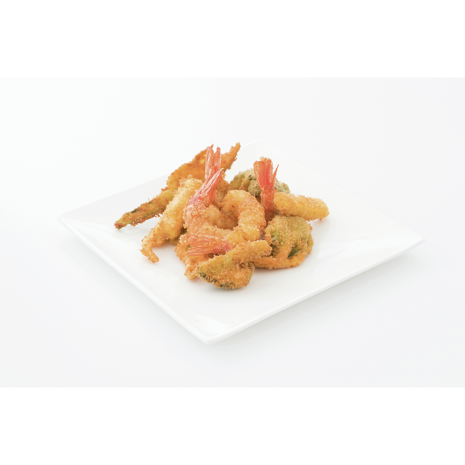 Fried shrimp and vegetables on a white plate, white background.