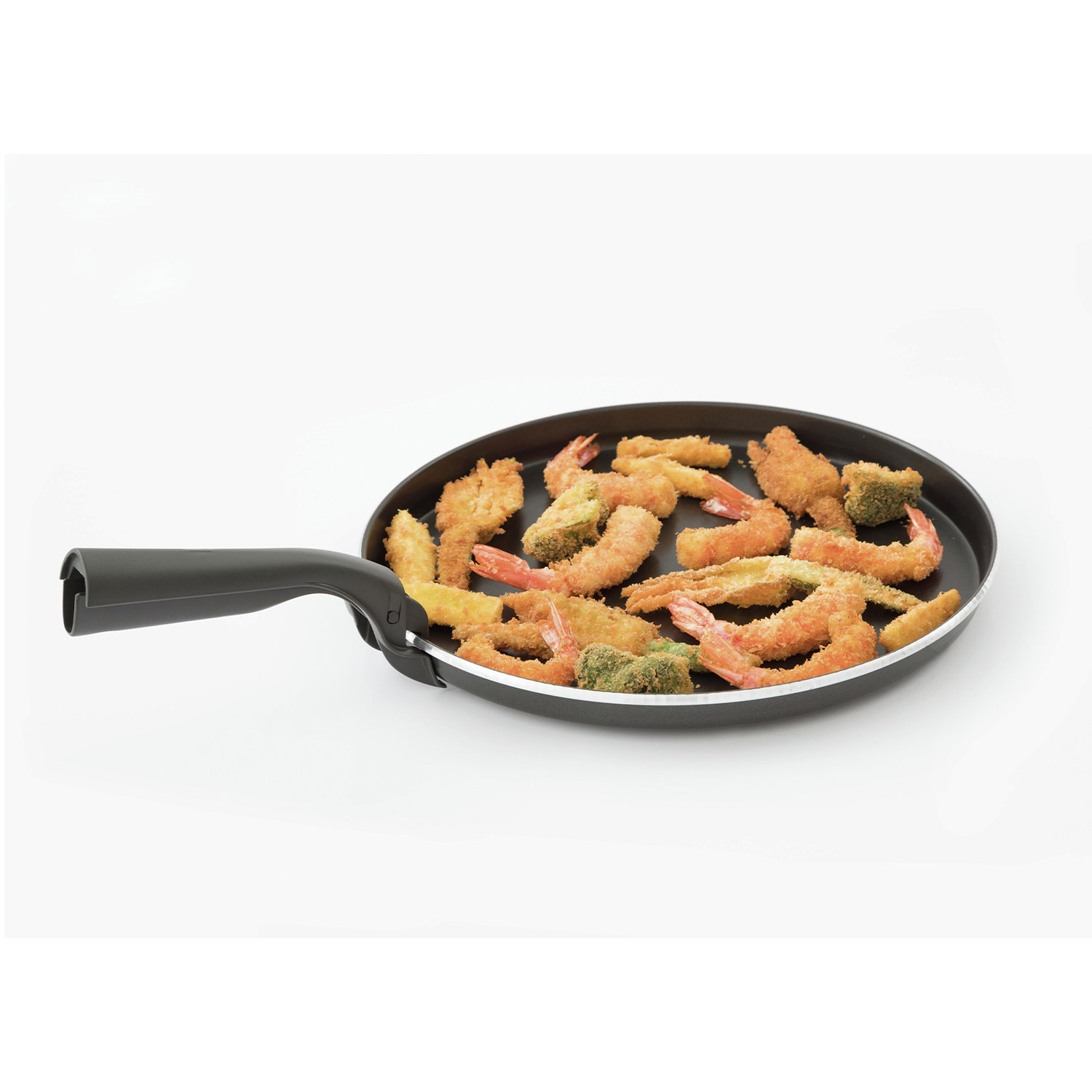 Fried shrimp and broccoli in a pan on a white background.