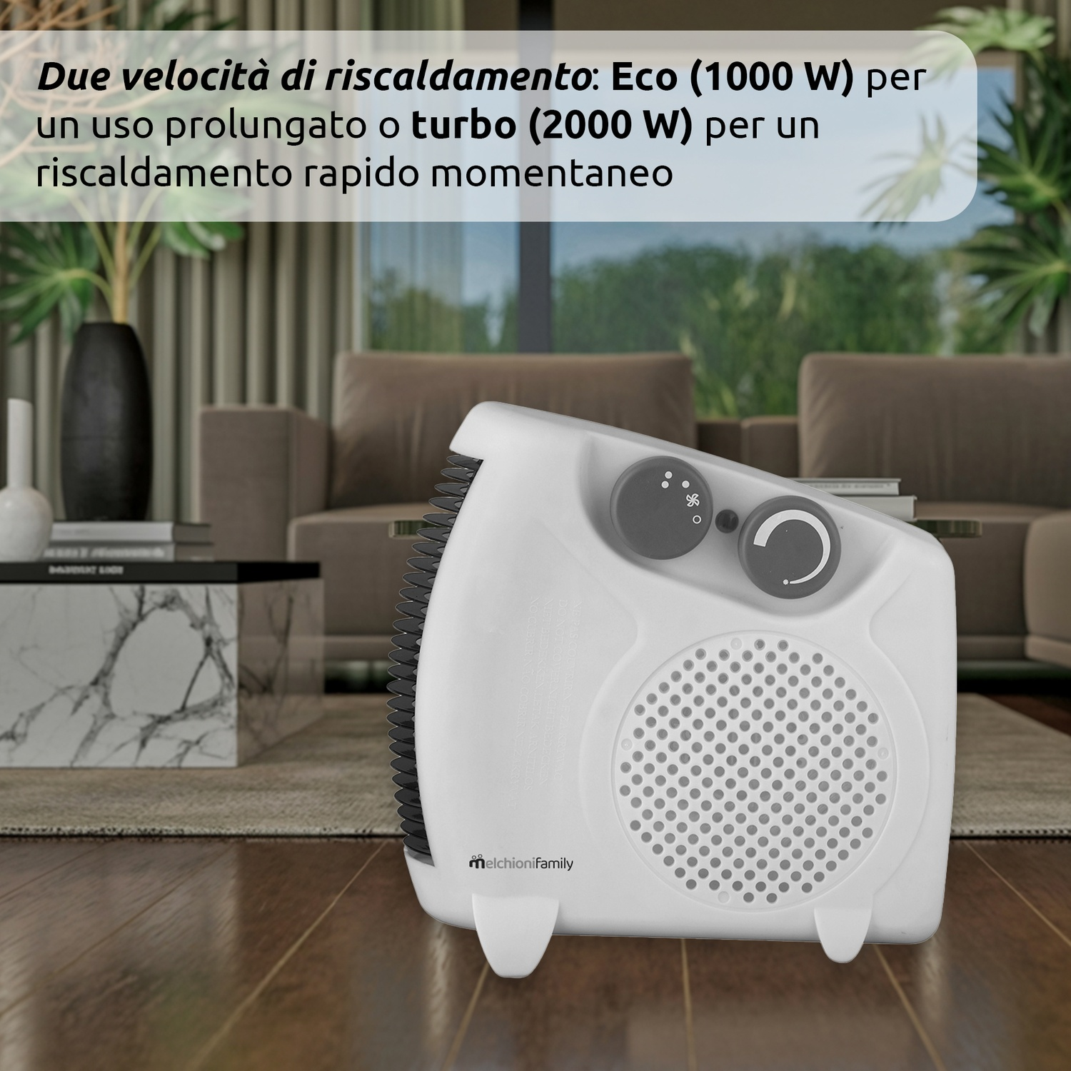 Biały grzejnik z wentylatorem stoi na drewnianej podłodze. Ma dwa ustawienia.