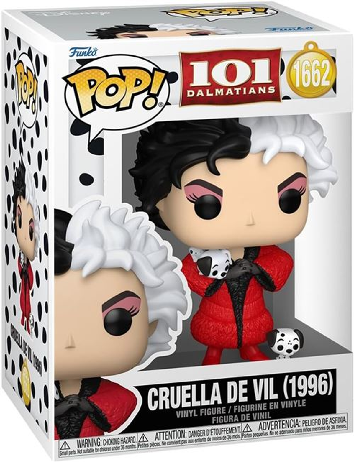 Figura Funko Pop de Cruella De Vil con pelo blanco y negro, abrigo rojo, sosteniendo cachorros dálmatas.